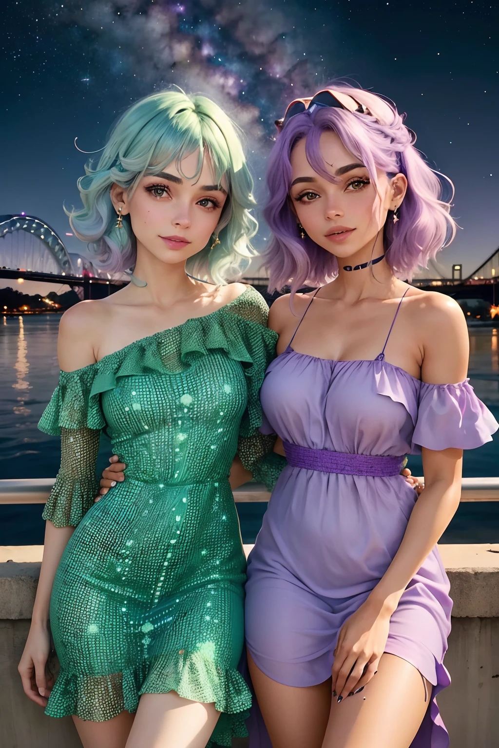 melhor qualidade, realista. 2 garotas de costas uma para a outra, a girl has lilac hair/roxo. A outra garota tem cabelos verdes/verde. They are in front of a bridge, night and starry sky. (Vestido azul e vermelho)