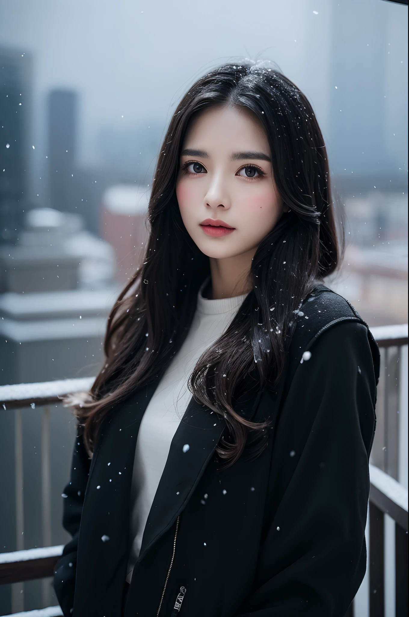 a close up of a beautiful woman wearing black jacket, standing in a balcony, winter, snowfall, cinematic, nikon, hd, sony, ultra detailed, realistic