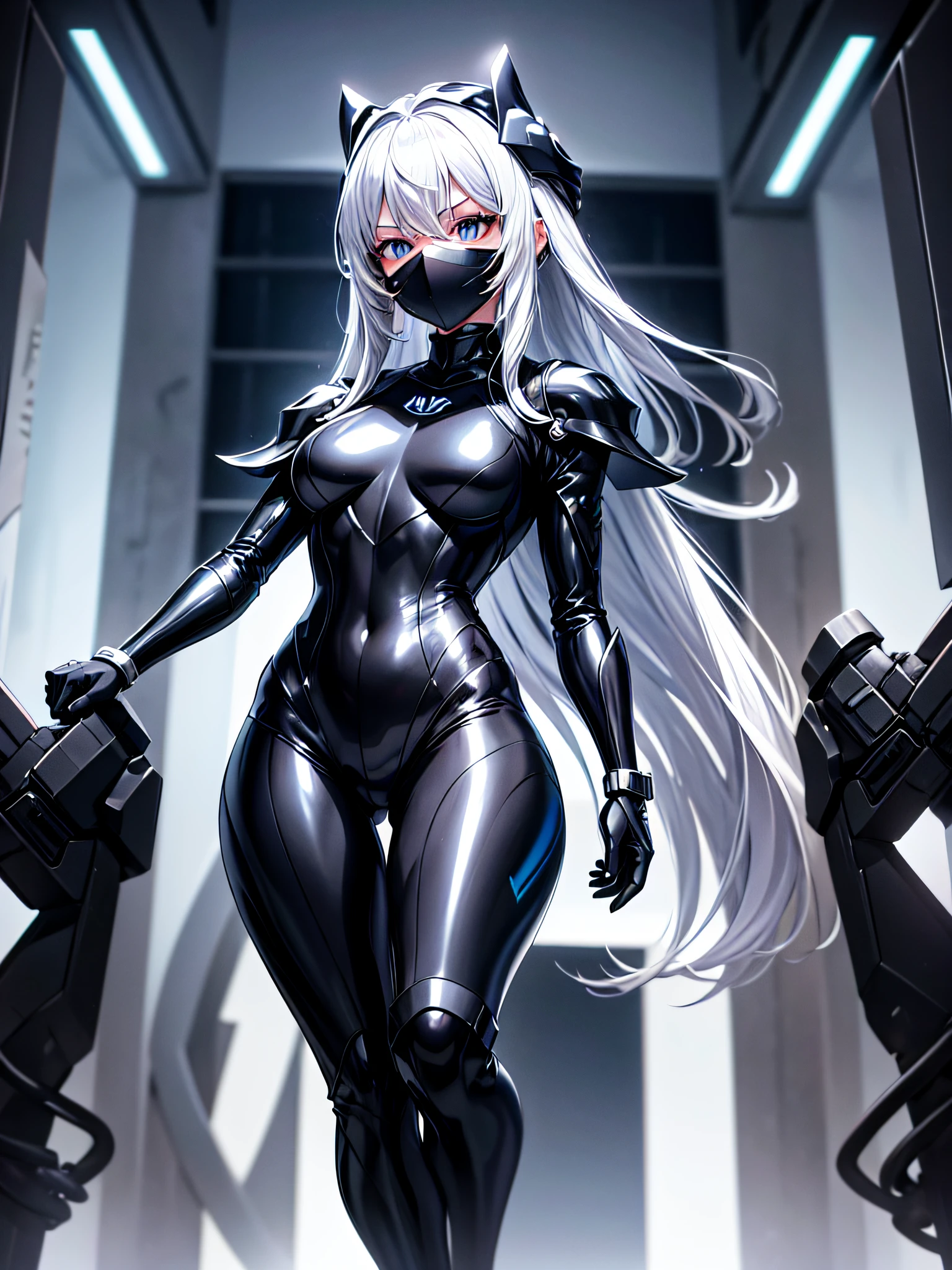 agirl, anime girl, mature woman, silver hair, (super long straight hair), (silver latex set), opai cyberpunk, silver cyberpunk suit, silver full body suit, silver web suit, silver cyberpunk glossy latex set, ((silver long coat)), ((half face ghost mask)), ( night background), cyberpunk, cyberpunk, (beautiful eyes, sharp eyes, symmetrical eyes, cold face, full body), (high level of detail), perfect proportions, (big breasts), big ass