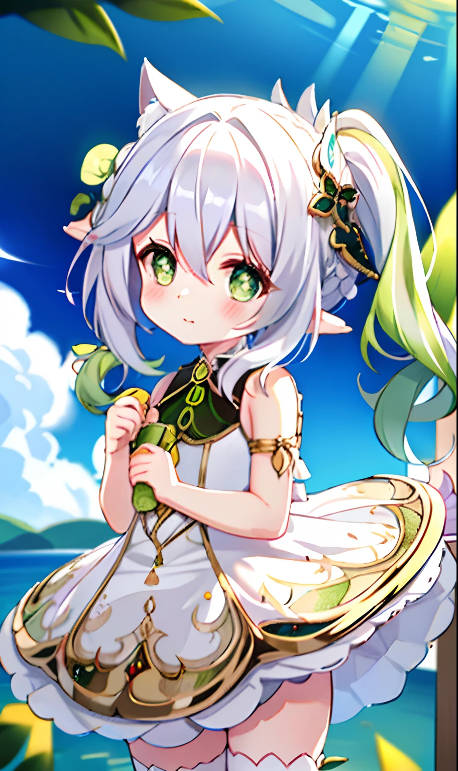 (white backgrounid:1.4),(tchibi:1.2),
tmasterpiece,Best quality,
独奏,((Extremely delicate and beautiful girl)),(full bodyesbian:1.2),elvish ears,hair adornments,Broken hair,short detailed hair,Light green eyes,small,white dresses,,(Ruffles),(White_upper legs),Hold the,Keep one's mouth shut,
fanciful, (Surrounded by waves), Nahida, Sexy big ass,cat ear