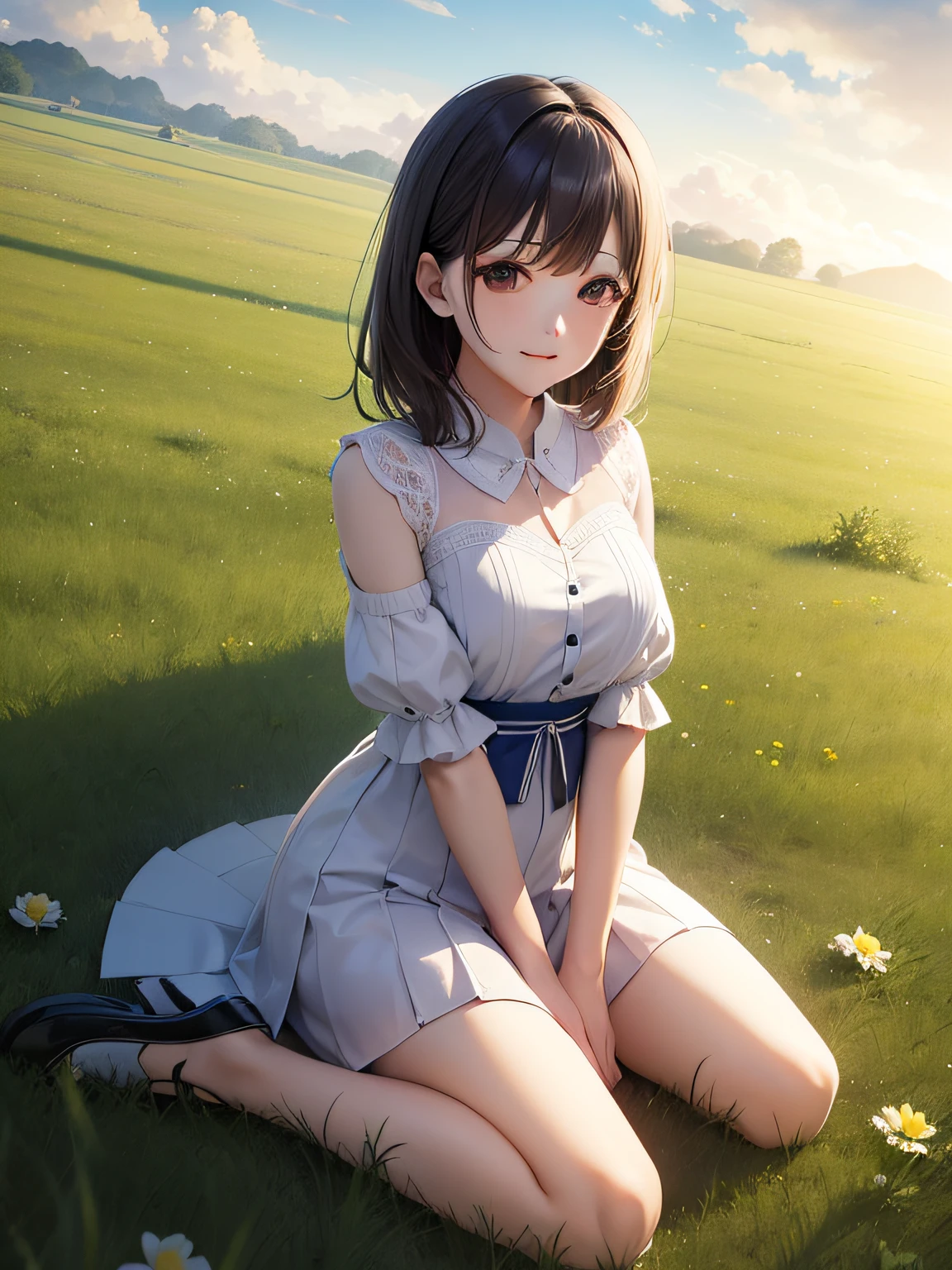 1womanl、grass field、Tachie、evening glow、Skysky、desolate、soio、High quality、acurate、sensitive