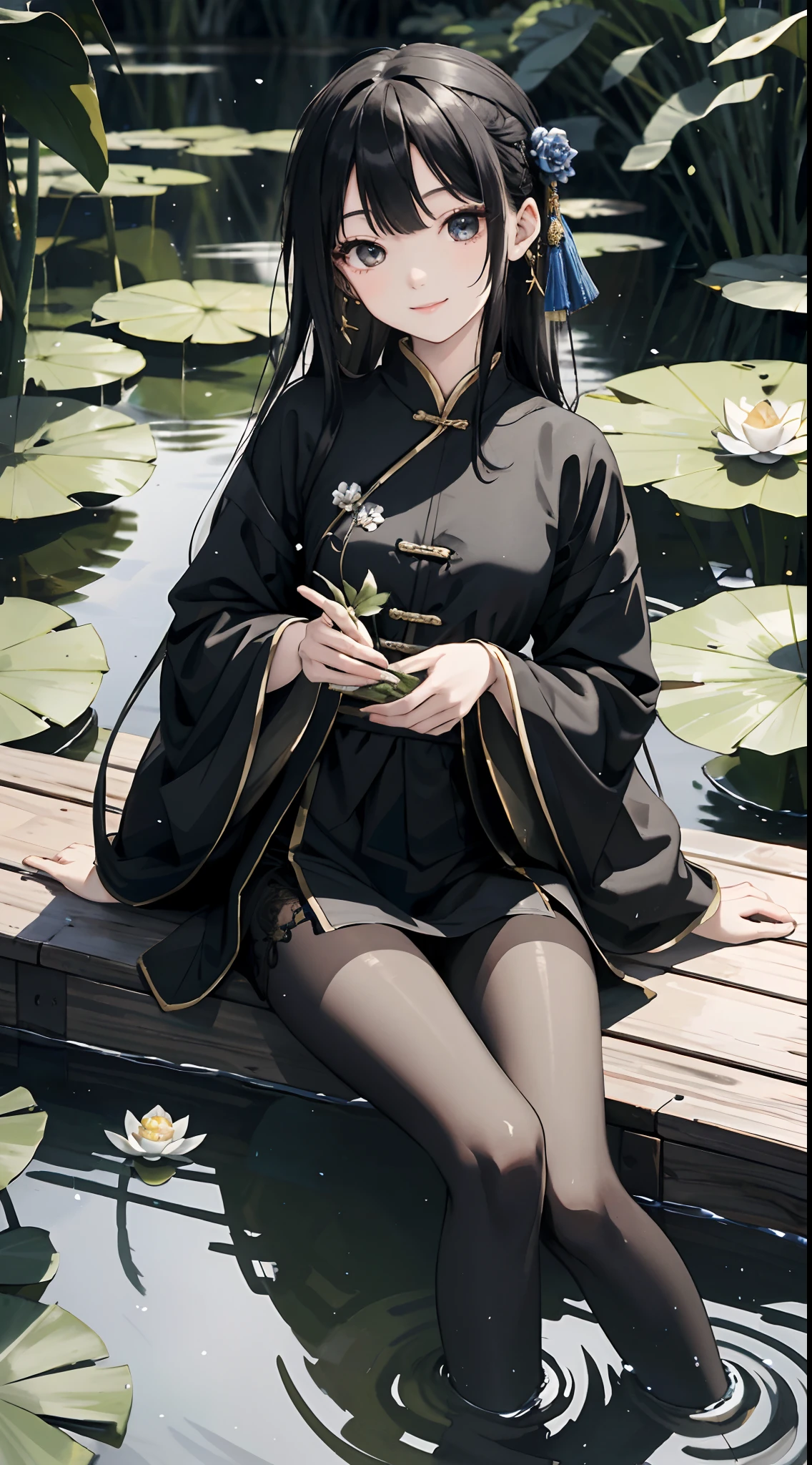 hoang lap,8K high resolution,ultra - detailed,(1girll:1.3),handpainted,Simple lines,16-year-old girl wearing black Chinese clothing,beuaty girl,In the lotus pond,tmasterpiece,Sit on a plank floating in the water,Floating hair,black pantyhoses,black pantyhoses,looking toward the viewer,ssmile