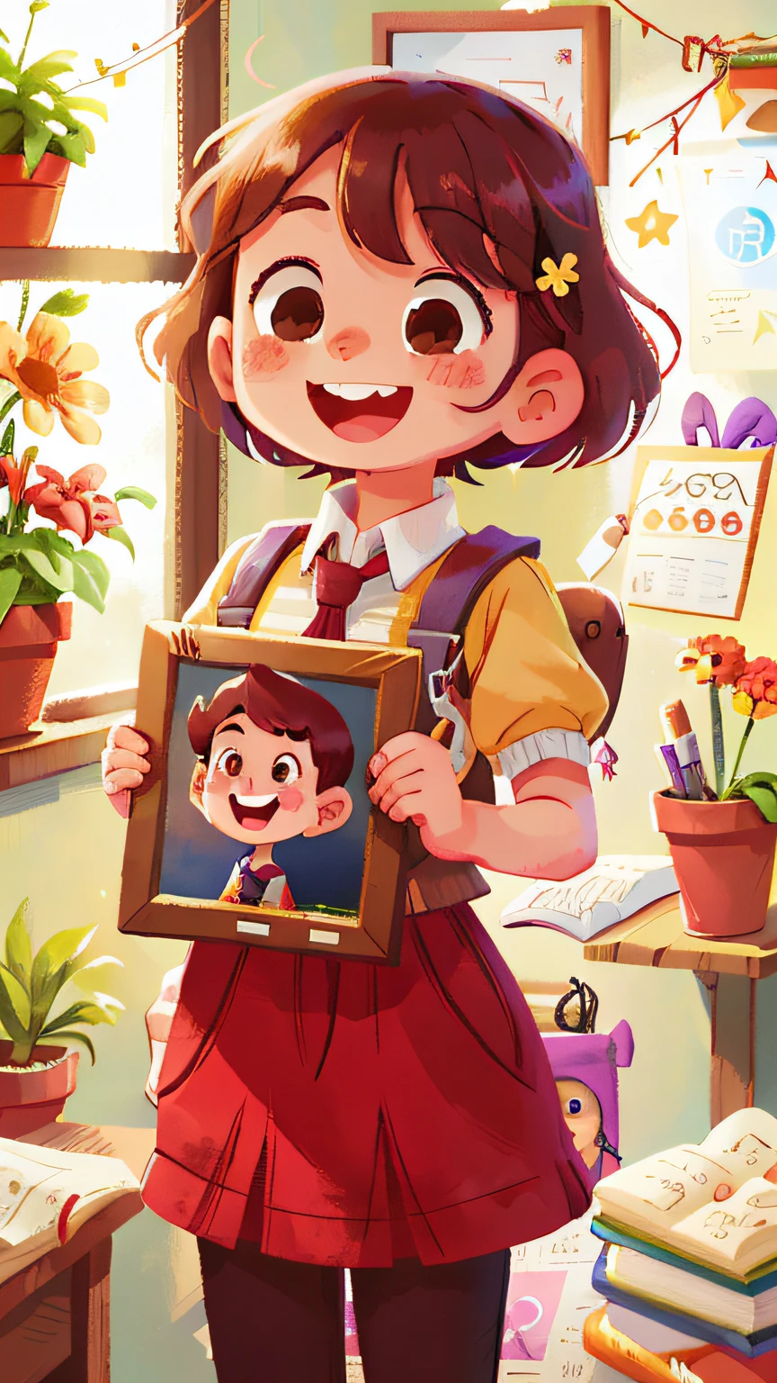 A happy smiling student is standing holding a beautiful picture frame above her head