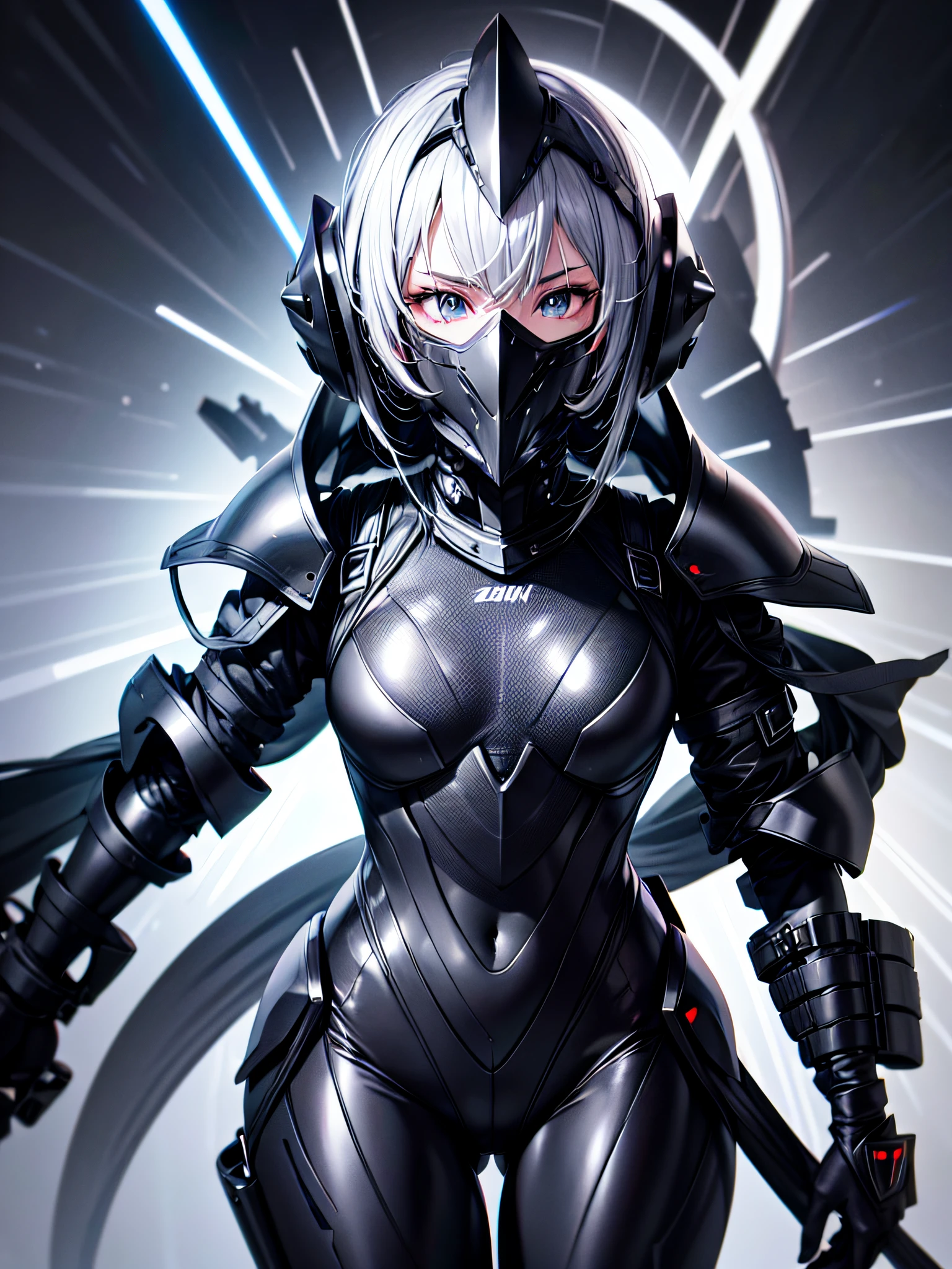 8K UHD、Silver-haired and small-nosed beauty in a black shiny black full-body rider suit wearing a black full-face helmet that covers the entire head is standing with her legs open facing the front、Wearing full black metallic armor、Upper Body Up