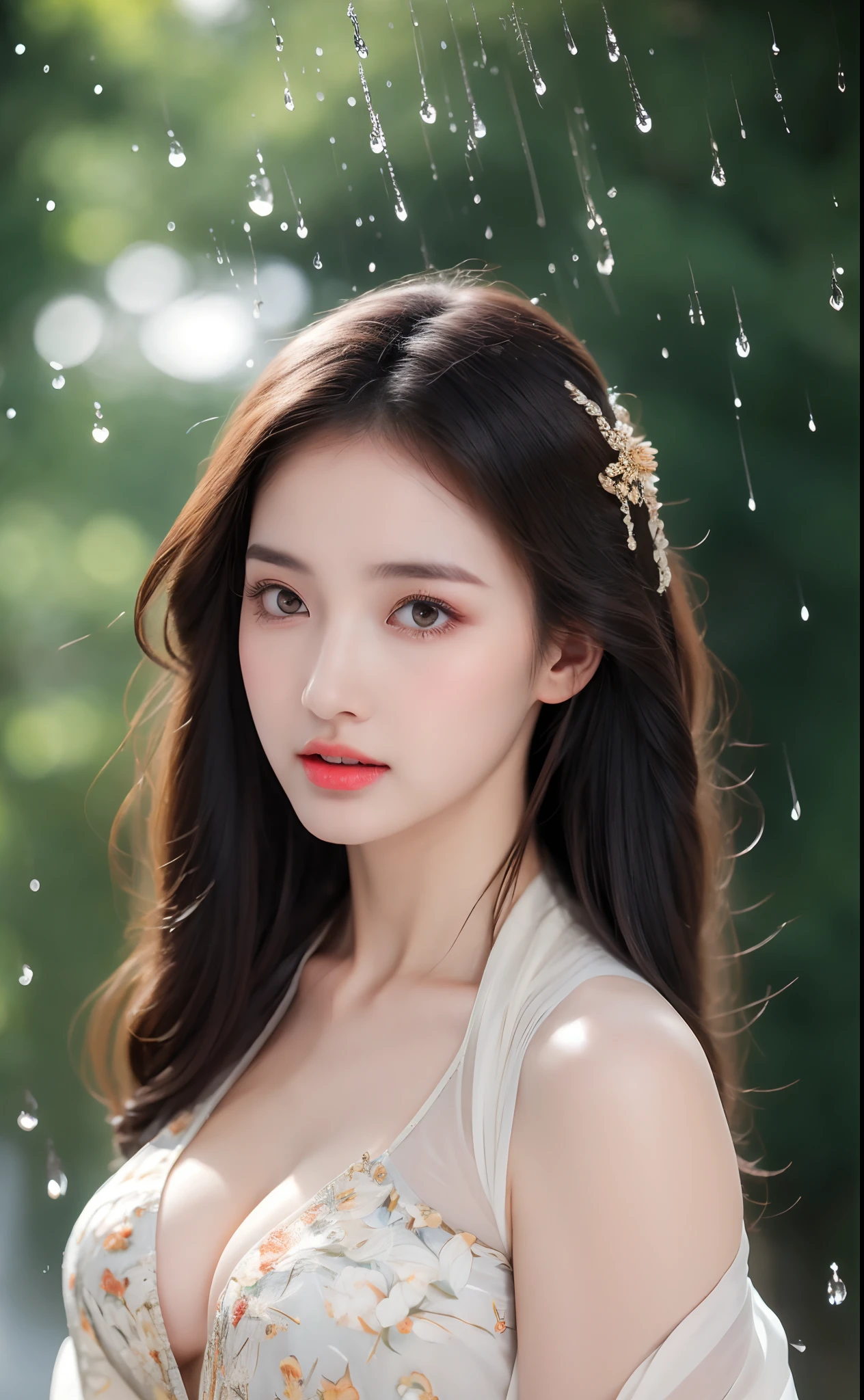 ((Best Quality, 8k, Masterpiece: 1.3)), Focus: 1.2, Perfect Body Beauty: 1.4, Buttocks: 1.2, ((Layered Haircut)), (Wet Clothes: 1.1), (Rain, Street:1.3), (Breasts: 1.2), (Hanfu: 1.2), Bare Shoulders, Bare Legs, Highly Detailed Face and Skin Texture, Fine Eyes, Double Eyelids, Whitened Skin, Long Hair, (Shut Up: 1.5), (Bokeh Background: 1.5), Big Breasts