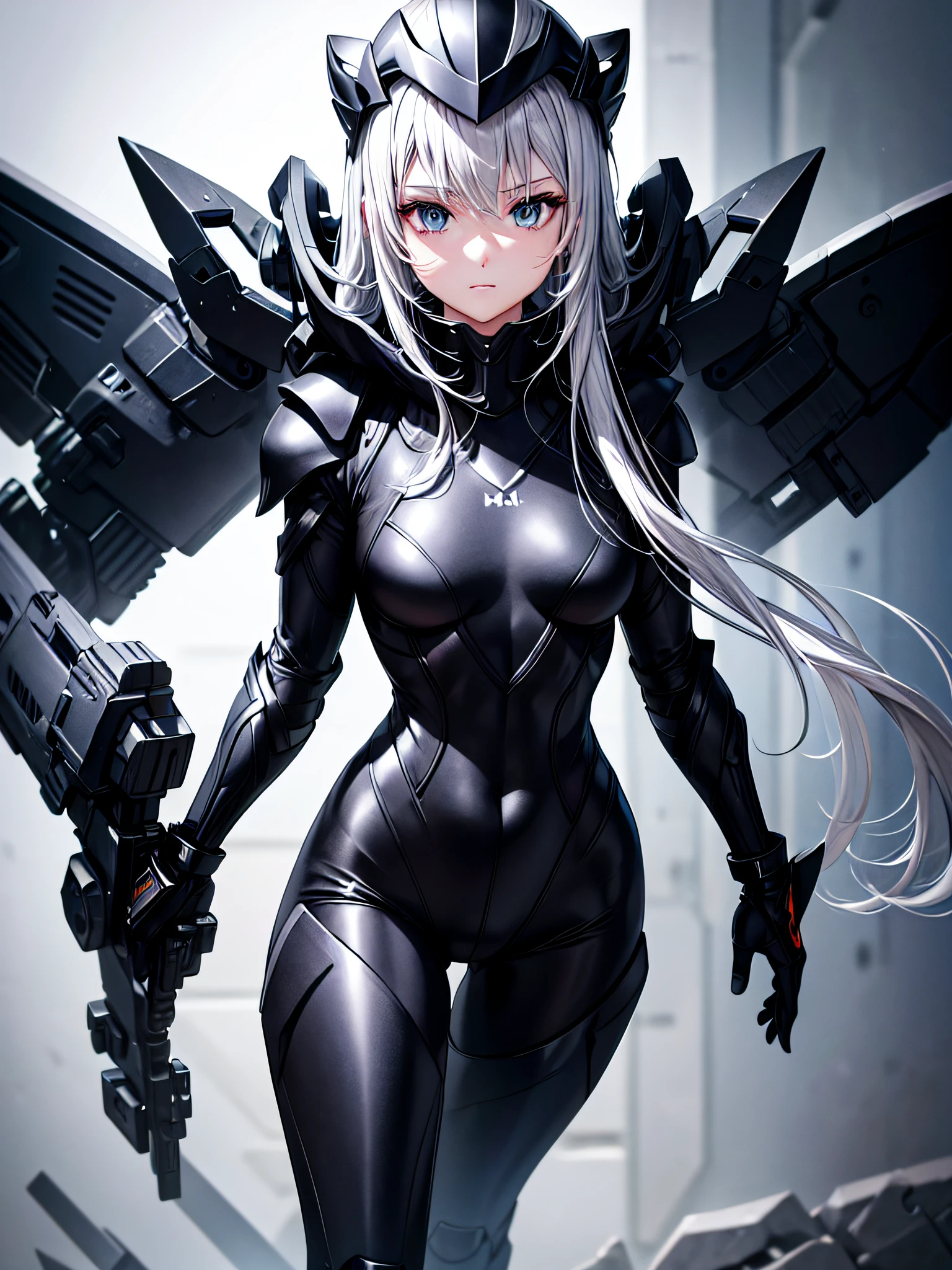 8K UHD、Silver-haired and small-nosed beauty in a black shiny black full-body rider suit wearing a black full-face helmet that covers the entire head is standing with her legs open facing the front、Wearing full black metallic armor、Upper Body Up