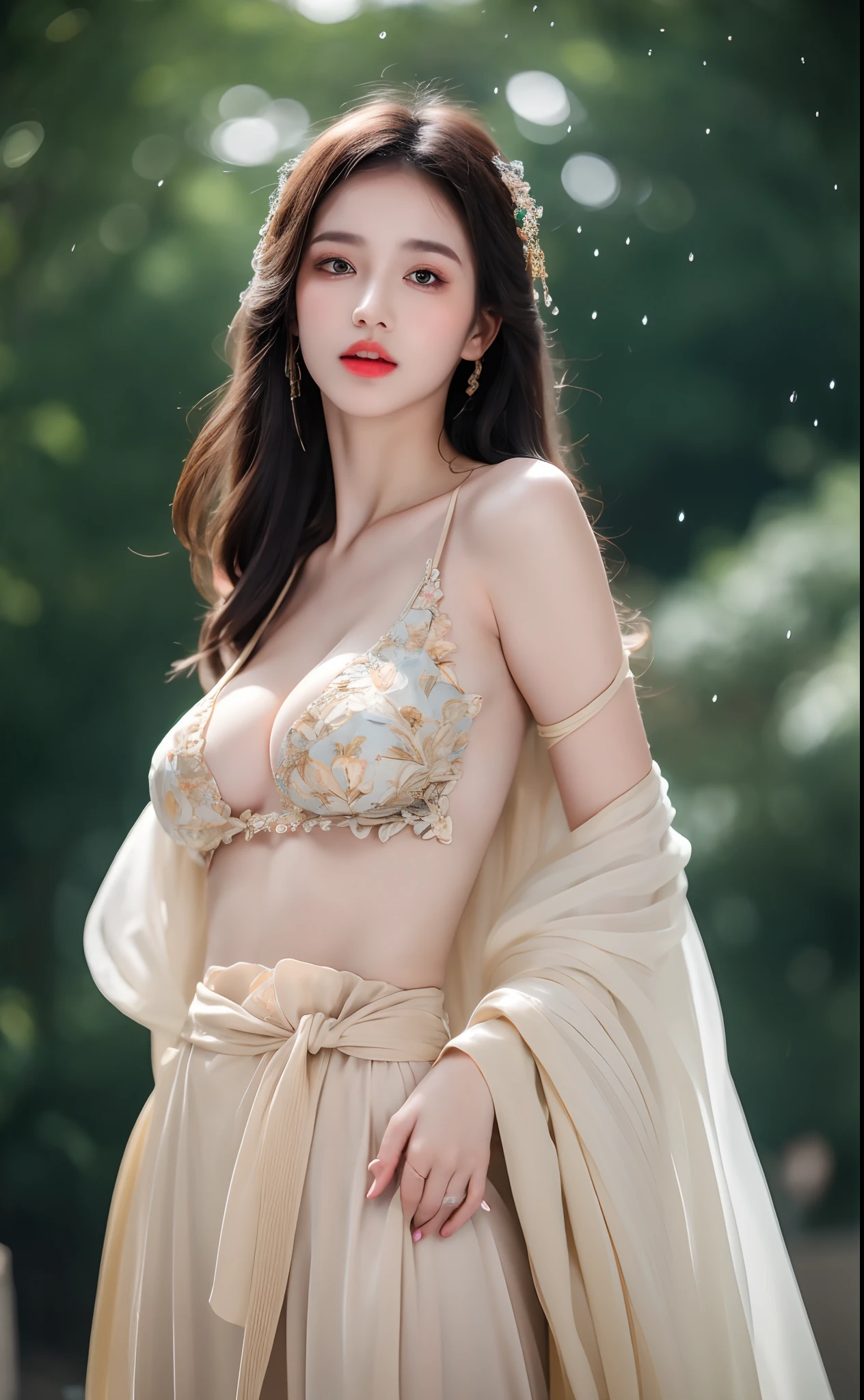 ((Best Quality, 8k, Masterpiece: 1.3)), Focus: 1.2, Perfect Body Beauty: 1.4, Buttocks: 1.2, ((Layered Haircut)), (Wet Clothes: 1.1), (Rain, Street:1.3), (Breasts: 1.2), (Hanfu: 1.2), Bare Shoulders, Bare Legs, Highly Detailed Face and Skin Texture, Fine Eyes, Double Eyelids, Whitened Skin, Long Hair, (Shut Up: 1.5), (Bokeh Background: 1.5), Big Breasts