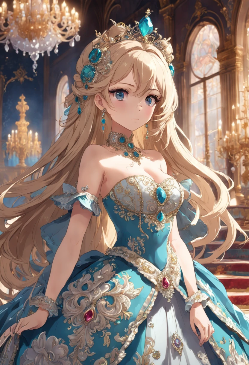 ((anime artstyle)),(Masterpiece),(Best Quality),(Super Detail),(Very Delicate and Beautiful),Solo,((full body,standing pose)),standing in the royal palace,((1 queen in jeweled gorgeous rococo ballgown with voluminous full length hoop skirt)),(crinoline),gorgeousfull embroidery,(gorgeous gemstone jewelry),(detailed face and eyes),jewel-like eyes,((large amount of straight hair,extremely Long voluminous Hair)),((gigantic tits,Long tits,skindentation)),gorgeousfull embroidery,cleavage,extremely gorgeousfull hair ornament,(bling-bling extremely gorgeousfull jeweled tiara),gorgeous corsage,(Dynamic Angle),Looking at viewer,((full body))