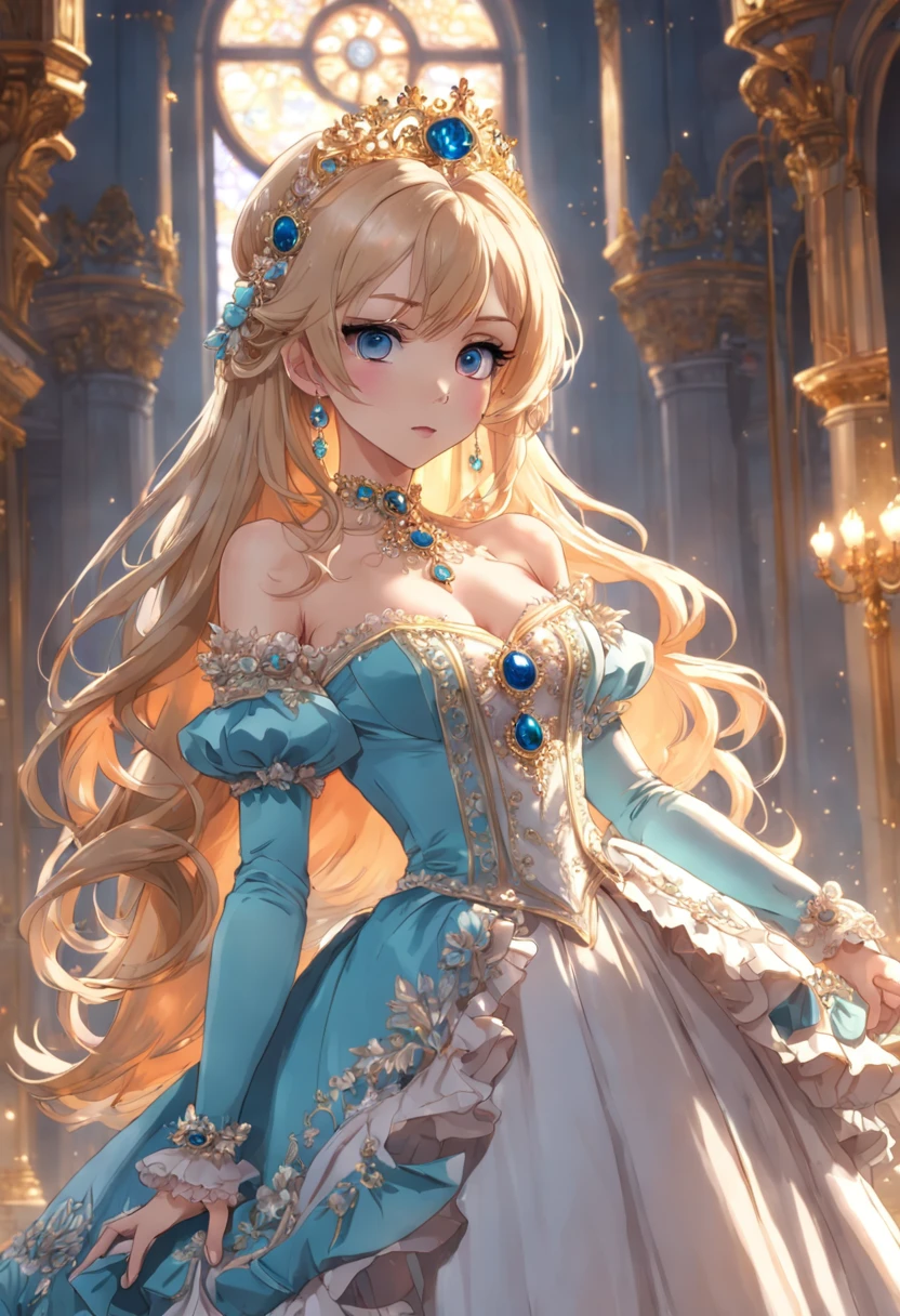 ((anime artstyle)),(Masterpiece),(Best Quality),(Super Detail),(Very Delicate and Beautiful),Solo,((full body,standing pose)),standing in the royal palace,((1 queen in jeweled gorgeous rococo ballgown with voluminous full length hoop skirt)),(crinoline),gorgeousfull embroidery,(gorgeous gemstone jewelry),(detailed face and eyes),jewel-like eyes,((large amount of straight hair,extremely Long voluminous Hair)),((gigantic tits,Long tits,skindentation)),gorgeousfull embroidery,cleavage,extremely gorgeousfull hair ornament,(bling-bling extremely gorgeousfull jeweled tiara),gorgeous corsage,(Dynamic Angle),Looking at viewer,((full body))