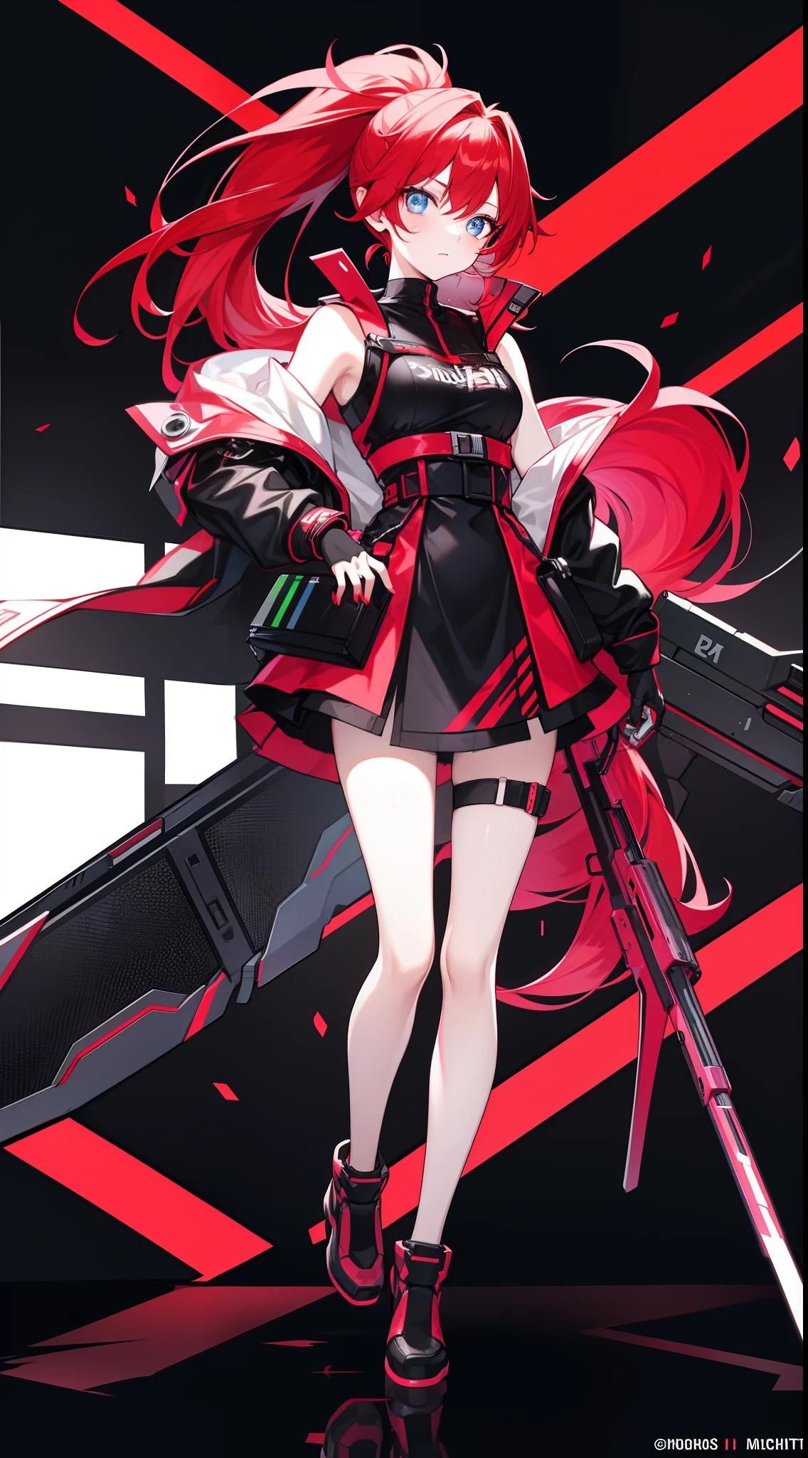 Full body internet girl with ponytail. Bright red indicates that she is an online girl. Anime characters with red hair and black costumes holding guns, But there are skirts. She also has blue eyes. The environment is similar to a terminator. Hair is black. Her face is illuminated by the bright red color on one side of the face. Like LEDs.  And both hands also have LED lights.