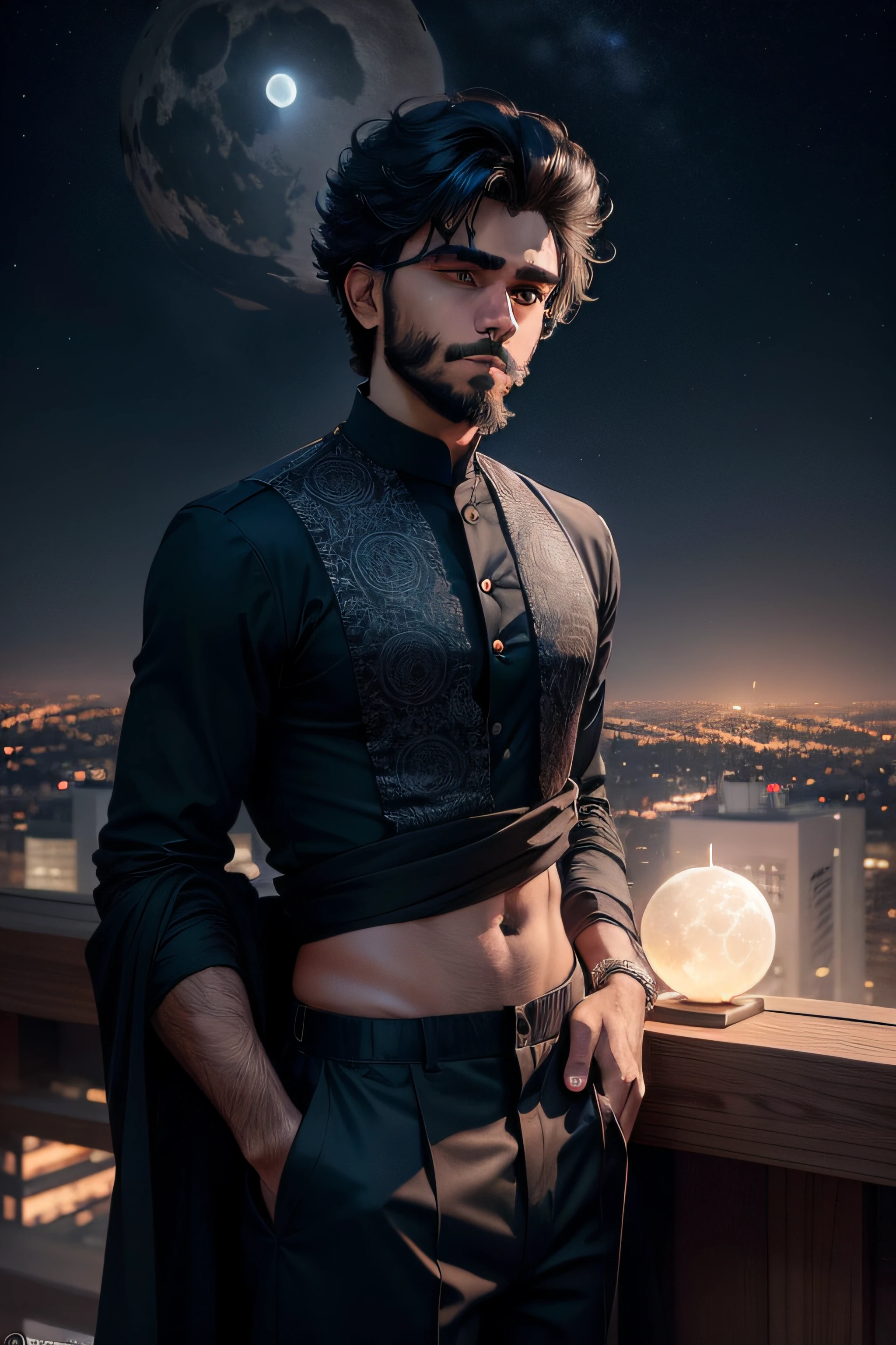 a handsome 20 year old indian boy in a top of a mountain , in a black kurta and in white pantloon , stars in sky with moon with a blue smoke , city skyline view at front , anime art , small amount of beard on his face It gives a sense of freshness
