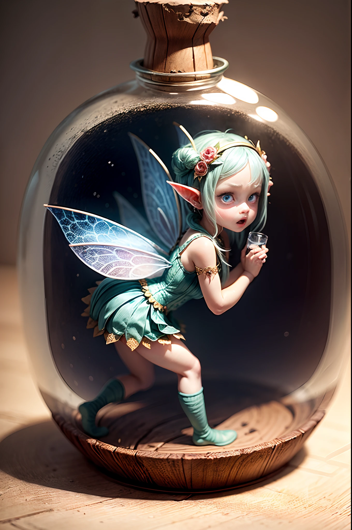 (scared fairy:1.2) gefangen in einer empfindlichen Flasche, (Labor des Alchemisten), edel