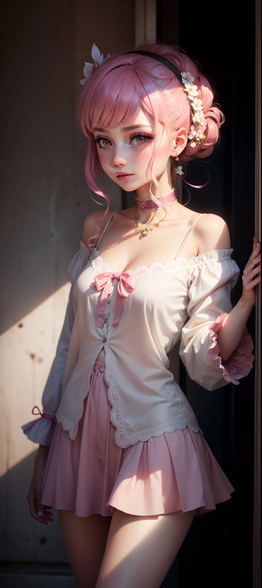 [Detailed illustrations, art based on extremely ideal anatomy, very detailed and detailed drawings, delicate lines with slow and urgent, realistic texture expression],(((Color tressed main lines)),(Artwork with outstanding craftsmanship),(Park background),[HENTAI anime Girl Japanese Pretty 14 years old Skinny] Light pink hair ((Magical girl)),((桜花) Floral headband) Low-rise shorts (Short cape (Off-shoulder: 0.5)) ((Lace ruffled ribbon)) (Lace ruffled boots: 0.4),((Silk fabric:0.4)),Transparency (Soft ambient light:0.6) Gravure,((Fine and beautiful skin expression (transparency)))),(Clear gaze)),(Perfect eye details ( Irises beautifully drawn to the smallest detail))),(Perfect and beautiful face (realistic facial details)),((Beautiful hair details)),(Perfectly proportioned proportions)),(High-level built design,((Advanced structural understanding)),Ideal color coordination),(Complex decoration (ultra-dense details))),(Detail,High Definition),[Ultra Precision Detail, HighQuality,High Resolution,(((Multilayer Texture))],((Accurate simulation of light-material interaction, understanding of air flow, mechanically correct representation)),(((Visual art with narrative)).