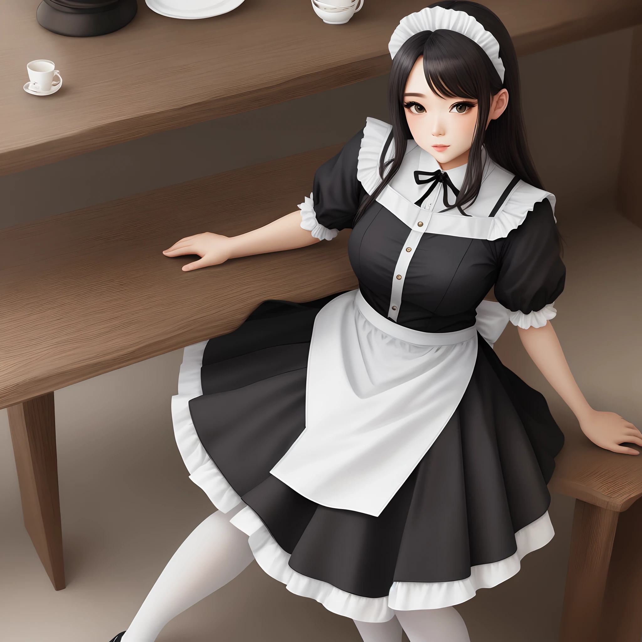 Black long straight，the maid outfit，White stockings