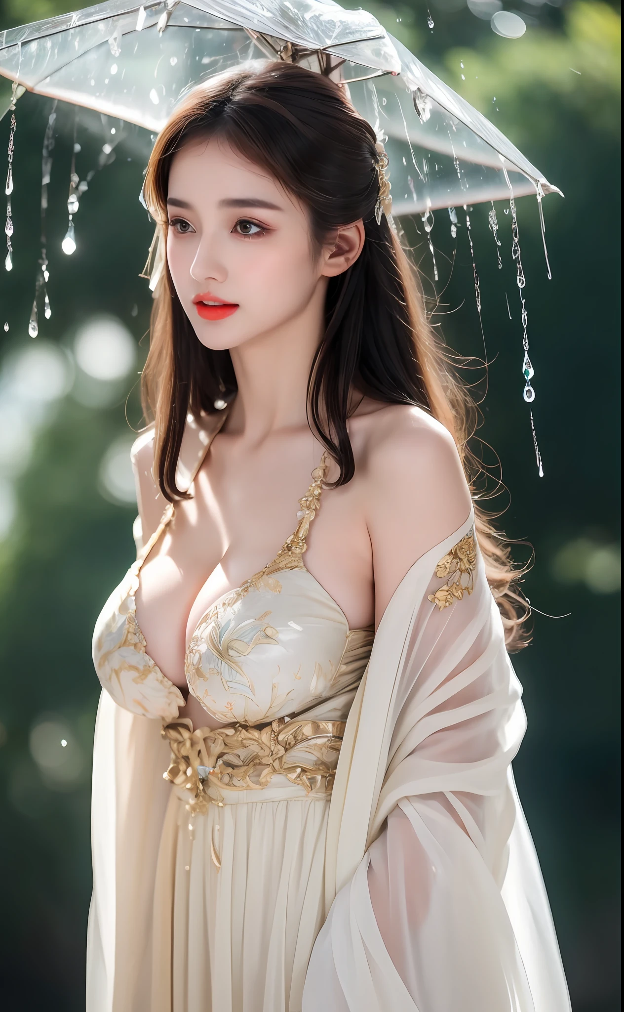 ((Best Quality, 8k, Masterpiece: 1.3)), Focus: 1.2, Perfect Body Beauty: 1.4, Buttocks: 1.2, ((Layered Haircut)), (Wet Clothes: 1.1), (Rain, Street:1.3), (Breasts: 1.2), (Hanfu: 1.2), Bare Shoulders, Bare Legs, Highly Detailed Face and Skin Texture, Fine Eyes, Double Eyelids, Whitened Skin, Long Hair, (Shut Up: 1.5), (Bokeh Background: 1.5), Big Breasts