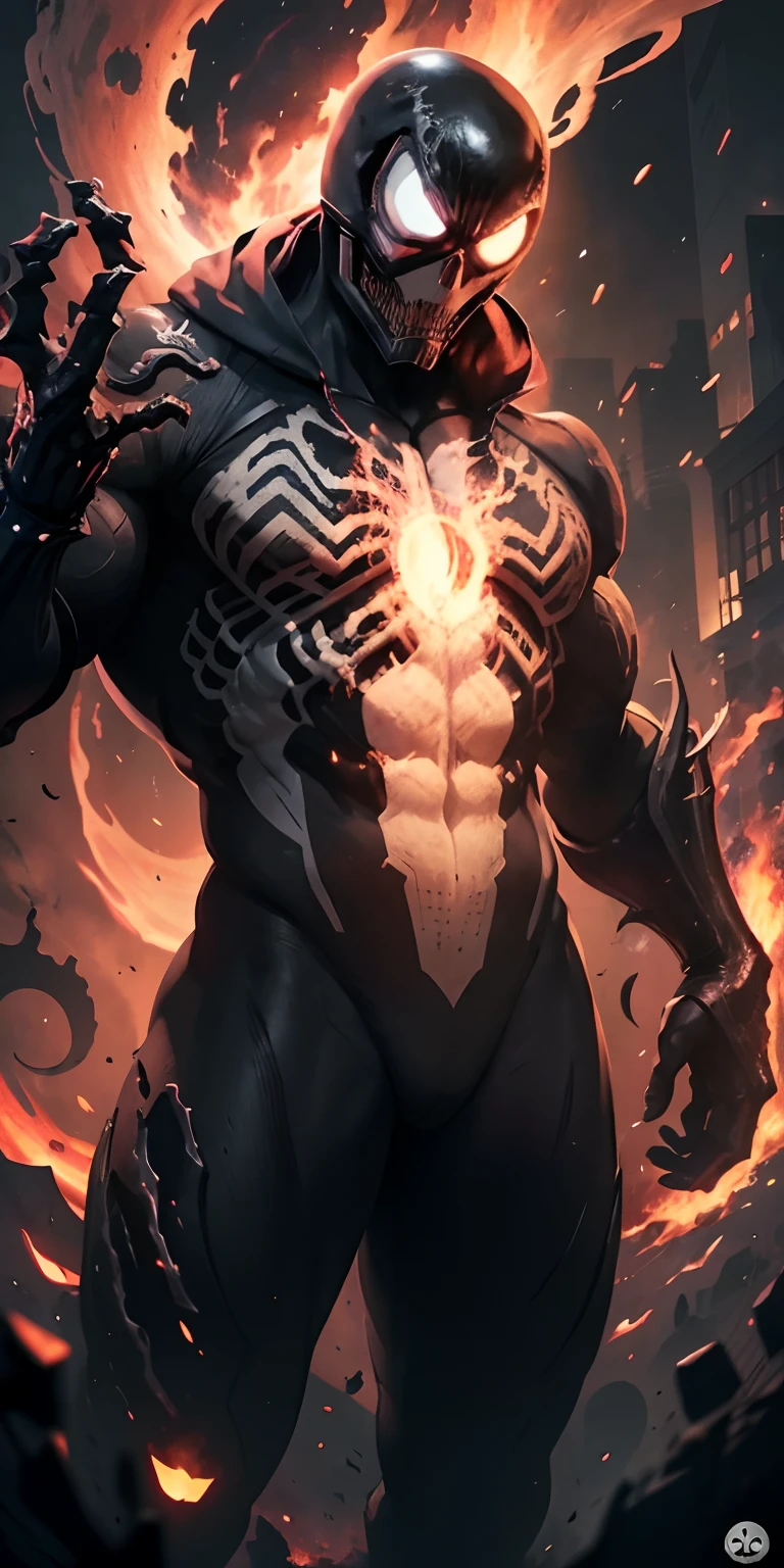 Ultra resolution 8K, the highest possible quality,Stunning illustration, Comic book masterpiece,The fusion of Ghost Rider with the Venom symbiote , The fusion of Venom and Ghost Rider is a dark being with skin blackened by the symbiote., with a burning skull topped by the symbiote for its head. (Cadenas ardientes serpentean alrededor de su forma: 1.7), dispuesto a castigar a los culpables. Un aura de oscuridad y fuego lo rodea constantemente, Encarnando la justicia implacable.