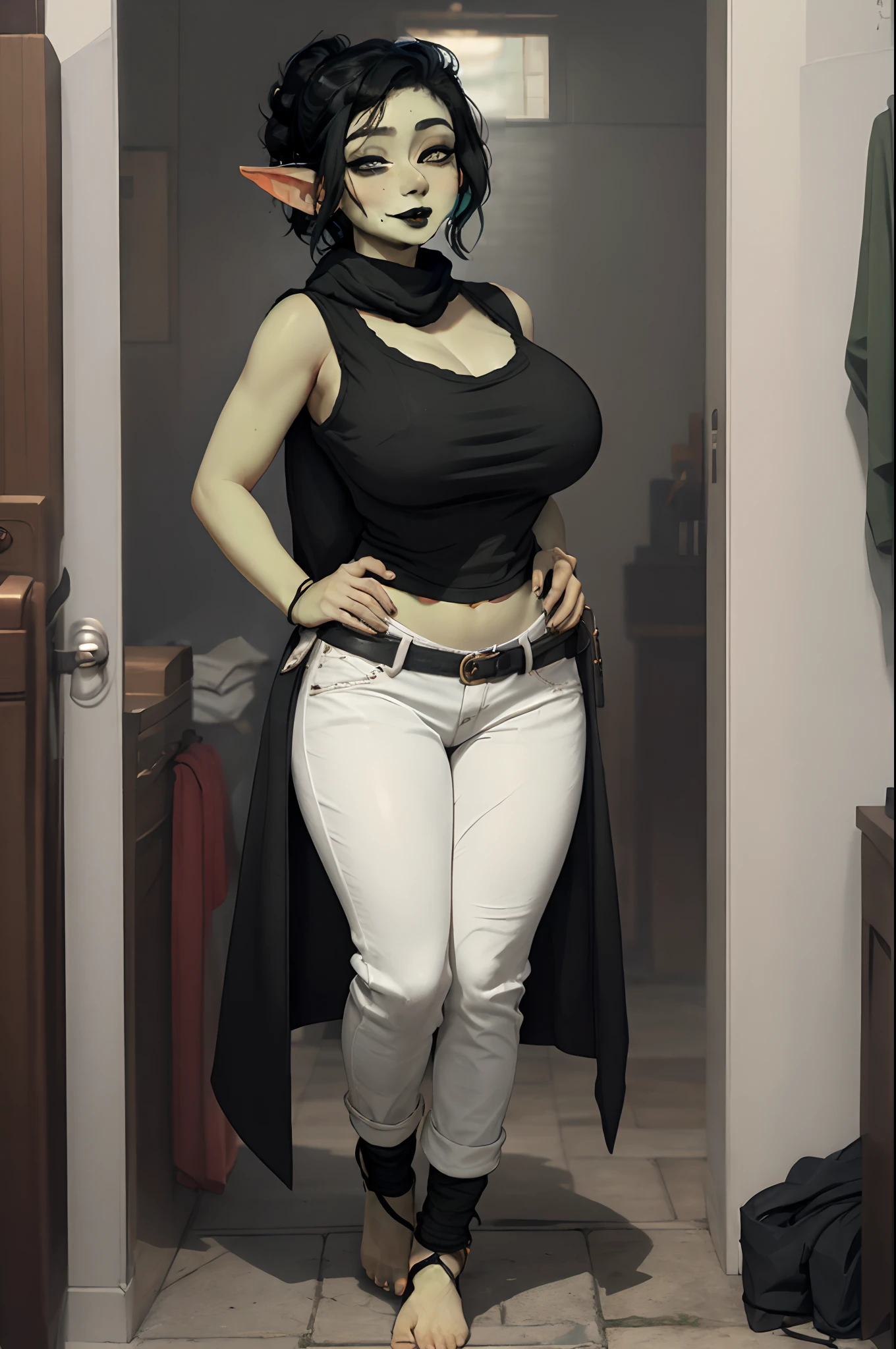 Gobboslut, extremely detailed, (Art Jeremy Lipking), standing, (large breast), (wide hips), surprised look on face, mouth open, woman, , white blouse, ,, big ass, green eyes, black hair, black lipstick, , eyeshadow, skirt, ,full body, holding (knife), closed vest, closed pullover, smile,, flipflops, pants closed, walking ,forest, cloak, , fantasy , rogue class,scarf, full body, walking feet