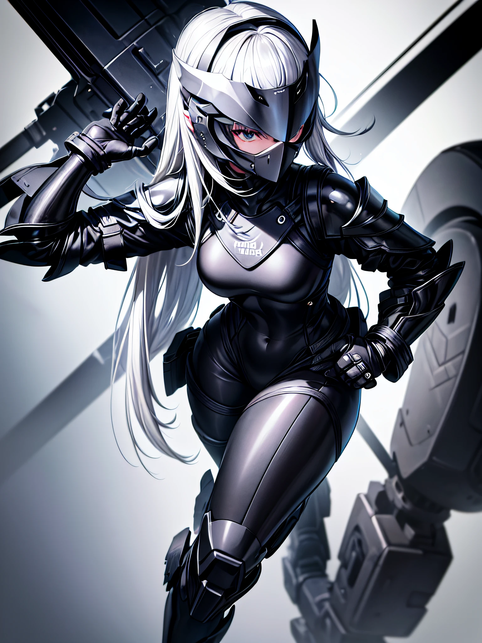 8K UHD、Silver-haired and small-nosed beauty in a black shiny black full-body rider suit wearing a black full-face helmet that covers the entire head is standing with her legs open facing the front、Wearing full black metallic armor、Upper Body Up