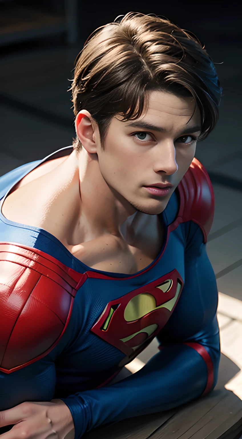 ((Men only)), (head shot), (face only), (kneeling), (handsome muscular man in his 20s), (superman), (Superman, a fictional superhero, is characterized by his chiseled physique, blue eyes, dark hair, and iconic red and blue costume with a bold "S" emblem on his chest), (Chris Redfield), (Mischievous smile), (detaile: 1 in 1), Natural muscles, HIG quality, beautidful eyes, (Detailed face and eyes), (Face、: 1 / 2), Noise, Real Photographics、... .................................................................................................................PSD, Sharp Focus, High resolution 8K, realisitic & Professional Photography, 8K UHD, Soft lighting, High quality, Film grain, FujifilmXT3