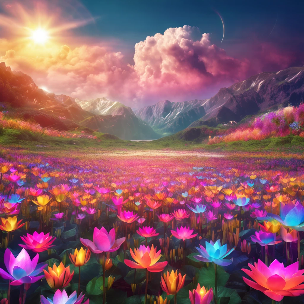A field of crystal lotus flowers in heaven, reflecting the sun, bright colors. There's a rainbow across the sky.