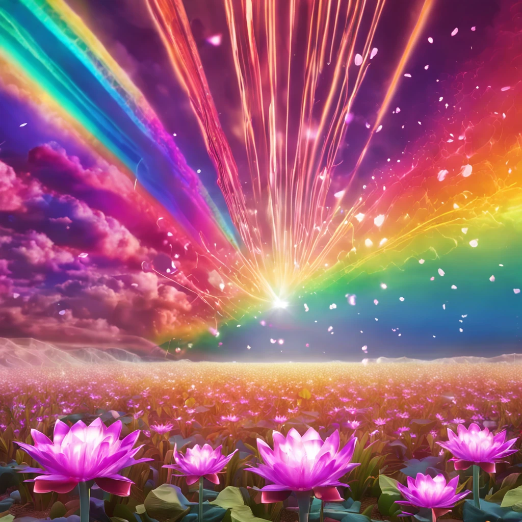 A field of crystal lotus flowers in heaven, reflecting the sun, bright colors. There's a rainbow across the sky.