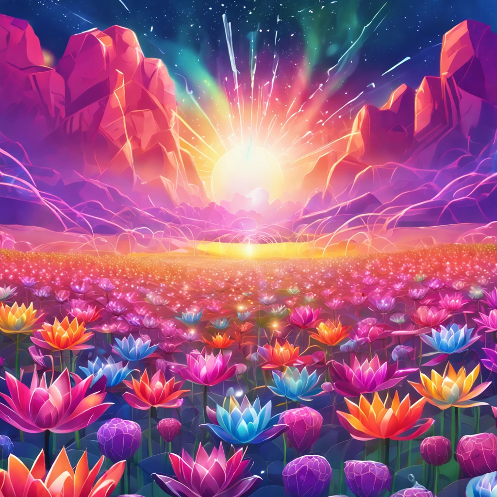 A field of crystal lotus flowers in heaven, reflecting the sun, bright colors. There's a rainbow across the sky.