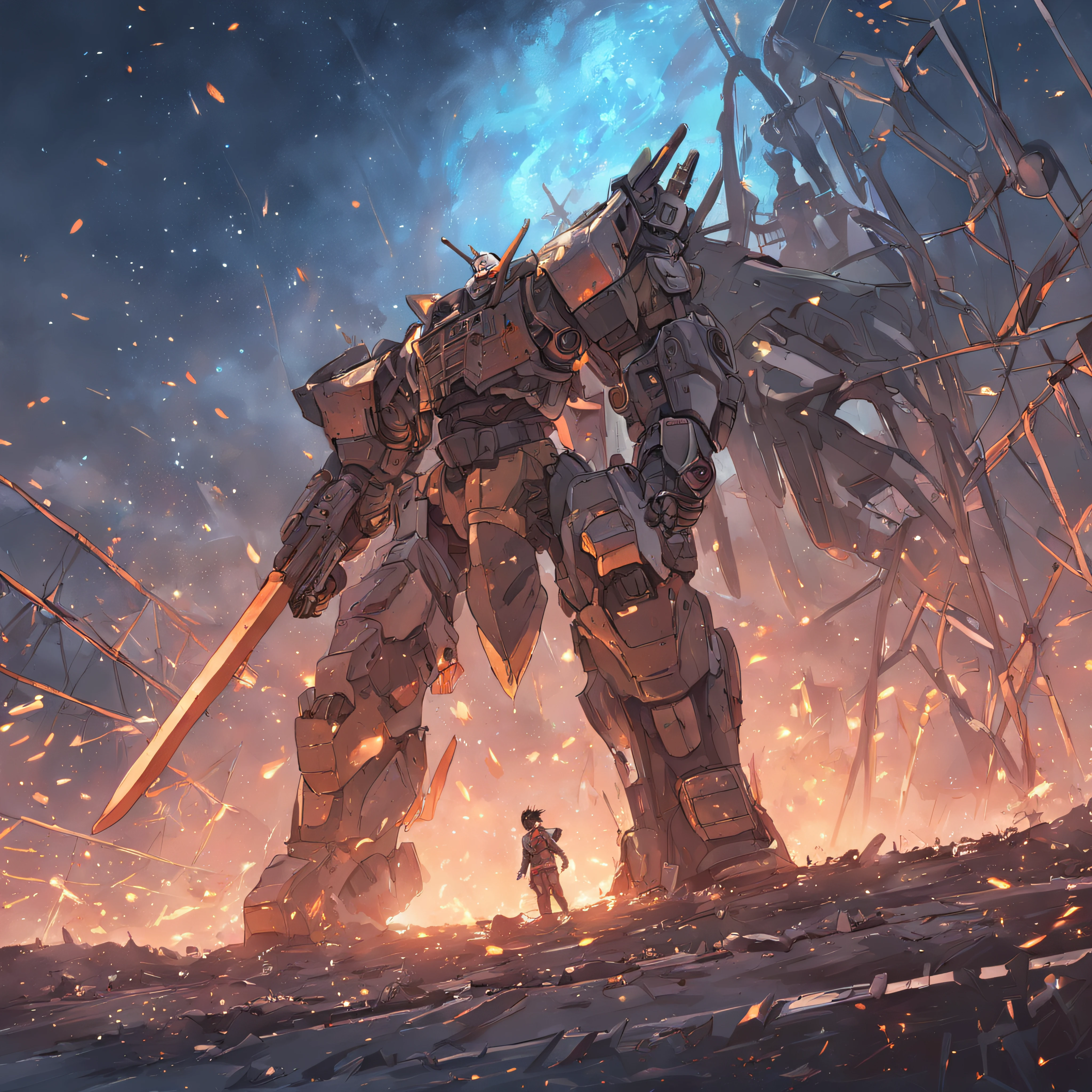 Criar arte expansiva de uma ponte (a view from below that shows the sky above and the open field below) em um ambiente assustador, dimly lit and a soldier in metal armor wearing a machine gun in his hands.