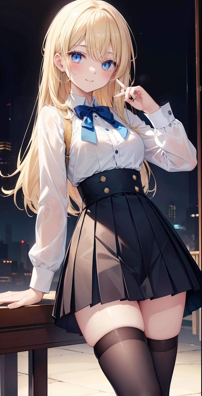 master piece, best quality, high definition, KR1, blue eyes, smile, fringe, white shirt, black skirt, Standing finger prick, pleated skirt, Stockings, Small breasts, blonde, cowboy shot,