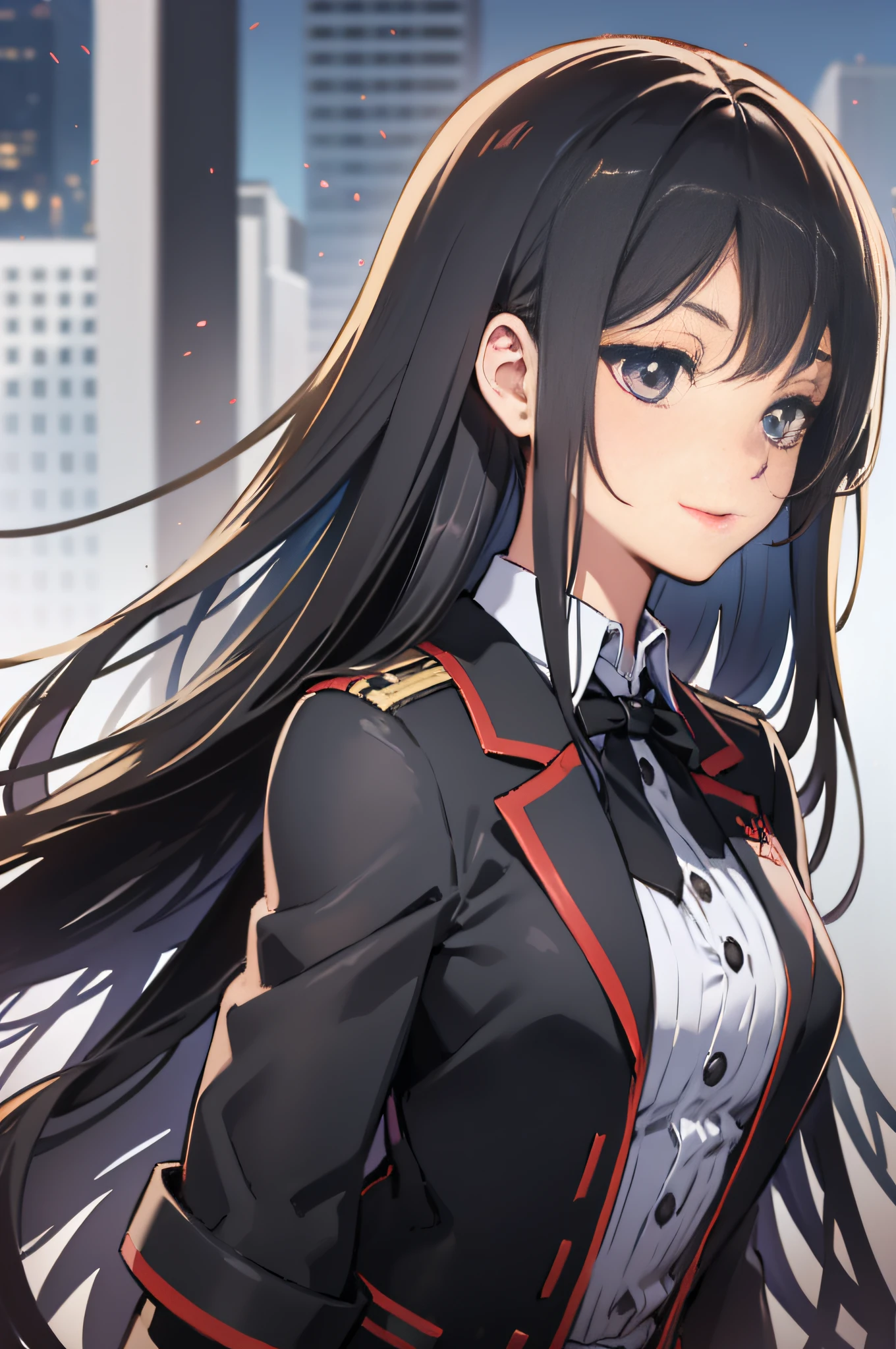 A beautiful girl with long black hair and waist，Gray eye，Student uniform，Cheerful expression，Spell Return Battle