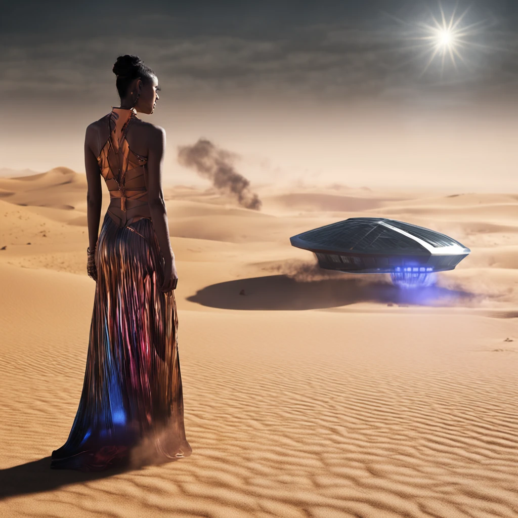 Uma mulher bonita andando pelo deserto futurista, melhor qualidade, master part, ultrahigh-resolution, (fotografia realista:1.4), Surrealismo, Semelhante a um sonho,FusionArt, Shadow dancer, magia das sombras, Darkness Control, furtividade, passo da sombra, Umbral spells, hidden blade, neon envolta da mulher