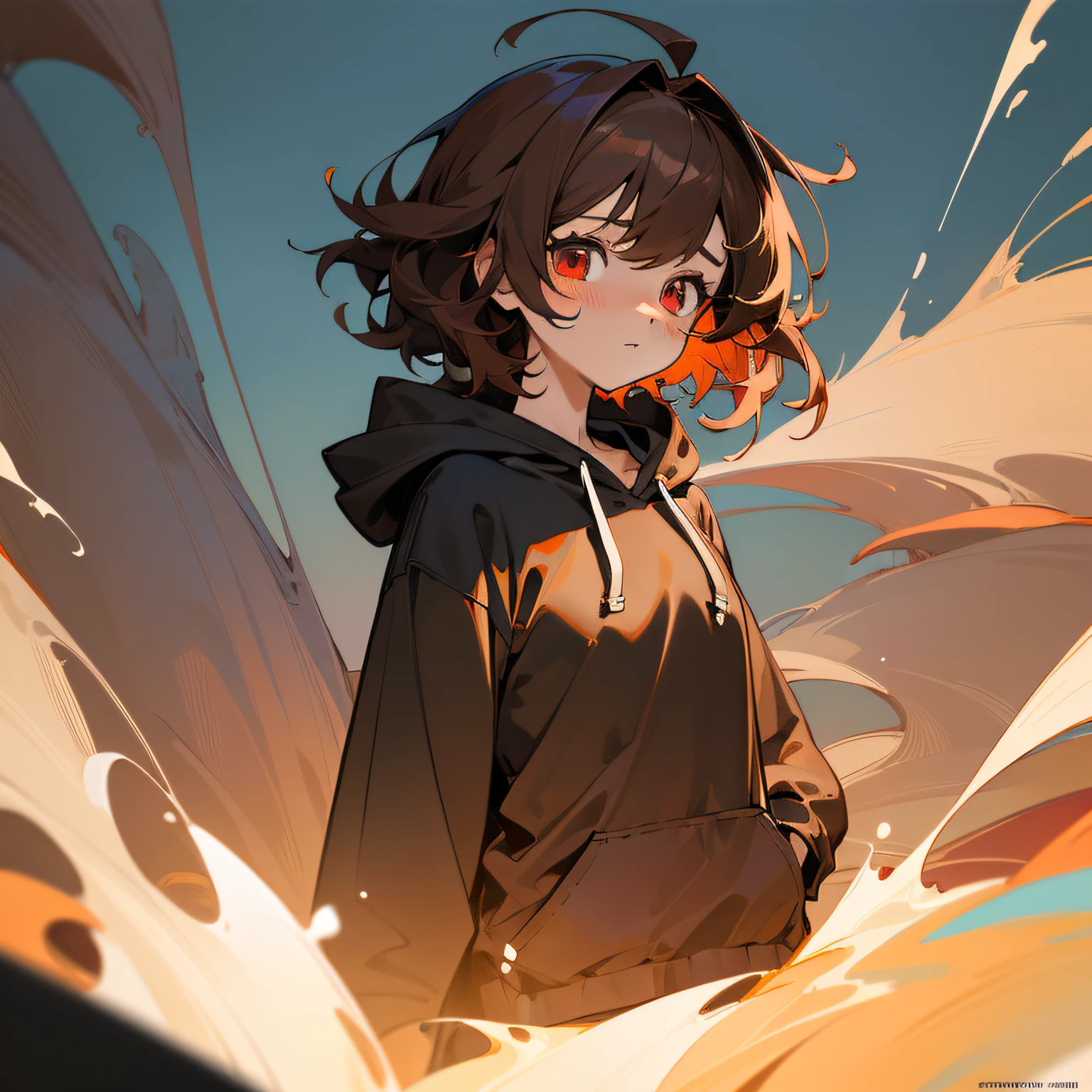 ((Masterpiece)), (((Best quality))), ((Ultra-detailed)), ((illustration)), ((Disheveled hair)), ((frilld)), (1 girl), (Solo),Young girls,Red eyes,Brown hair,short detailed hair,Black hoodie,Coast,flat breast