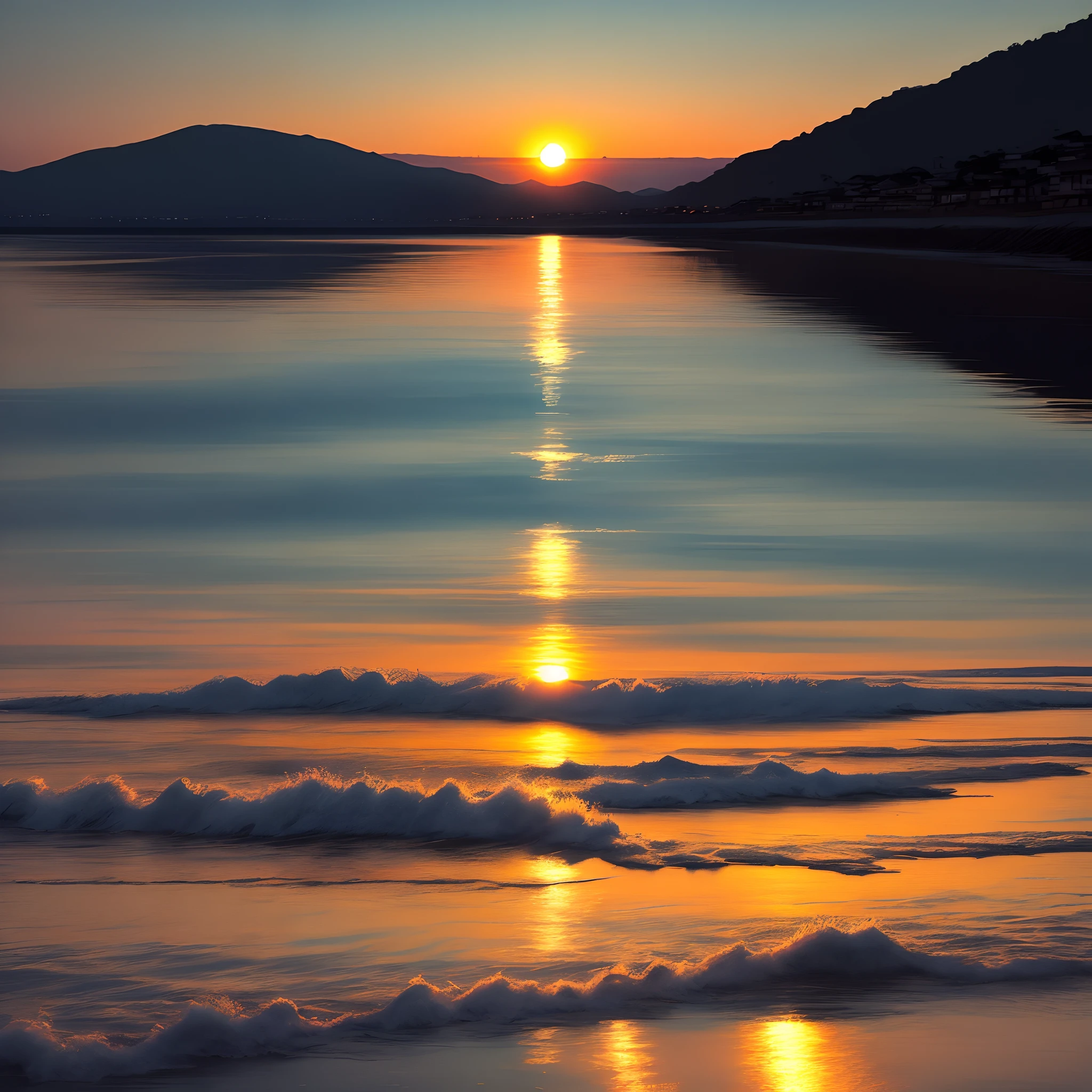 the setting sun，rios，Water meets sky，Realisticstyle，a sense of atmosphere