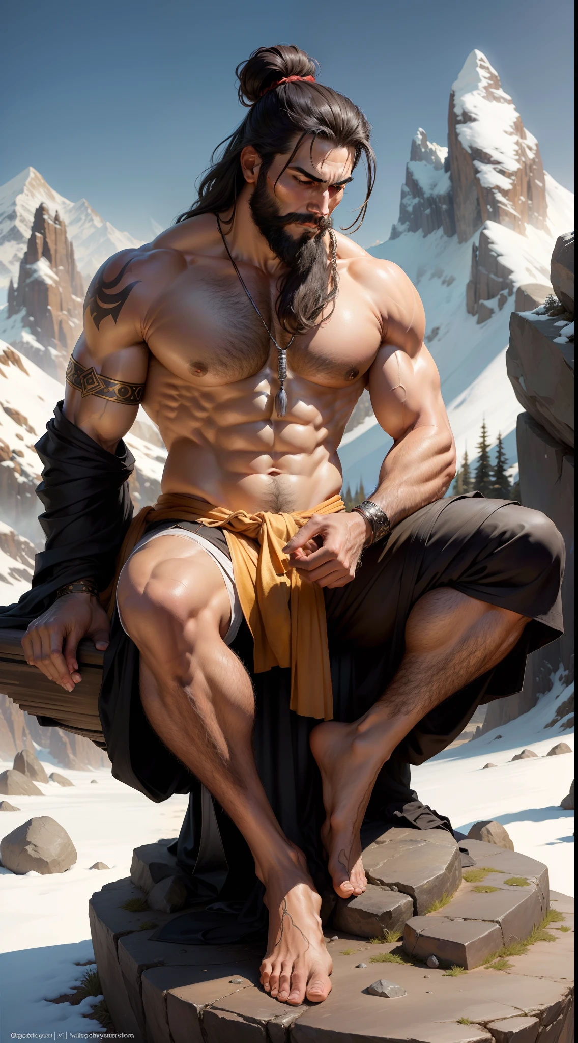 A handsome man, a yogi, long sharp nose, eyes closed, long hair tied in a bun, long black beard, shirtless, robust, a neckless of beads around the neck, sitting on stone with legs folded, meditative pose, hands on knees in dhyaan mudra, wearing a dhoti made of tigerskin, sitting on a rock, a large axe placed at his feet, snowcapped mountains on the background, photorealistic, detailed, art form by Louis Royo, Boris Vallejo, Frank Frazetta