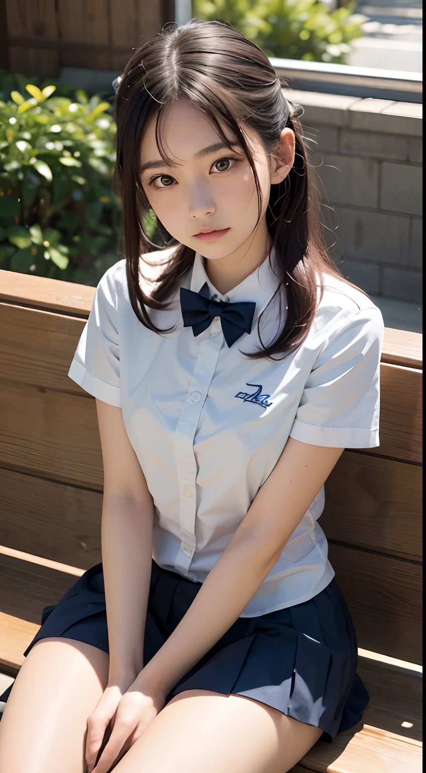 (masutepiece, Best Quality:1.2), 8K, , 85 mm, Official art, Raw photo, absurderes, White dress shirts, Pretty Face, close up, Upper body, violaceaess, gardeniass, Beautiful Girl, School uniform, (Navy pleated skirt:1.2), Cinch West, thighs thighs thighs thighs, Short sleeve, on train, Sitting on a bench seat, Looking at Viewer, No makeup, skinny fingers, Film grain, chromatic abberation, Sharp Focus, face lights, clear lighting, Teen, Detailed face, Bokeh background, (Dark red bow tie:1.1)