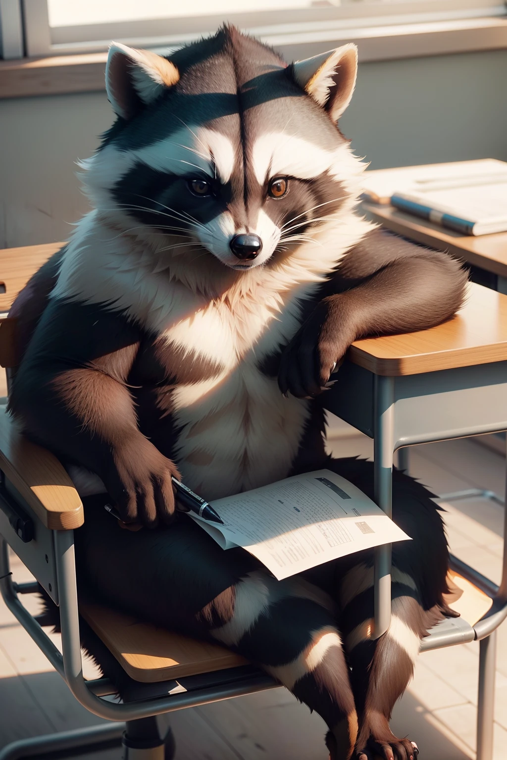 beautiful very realistic racoon holding a pen in his hand, sitting in a chair, next to a desk, inside a school classroom