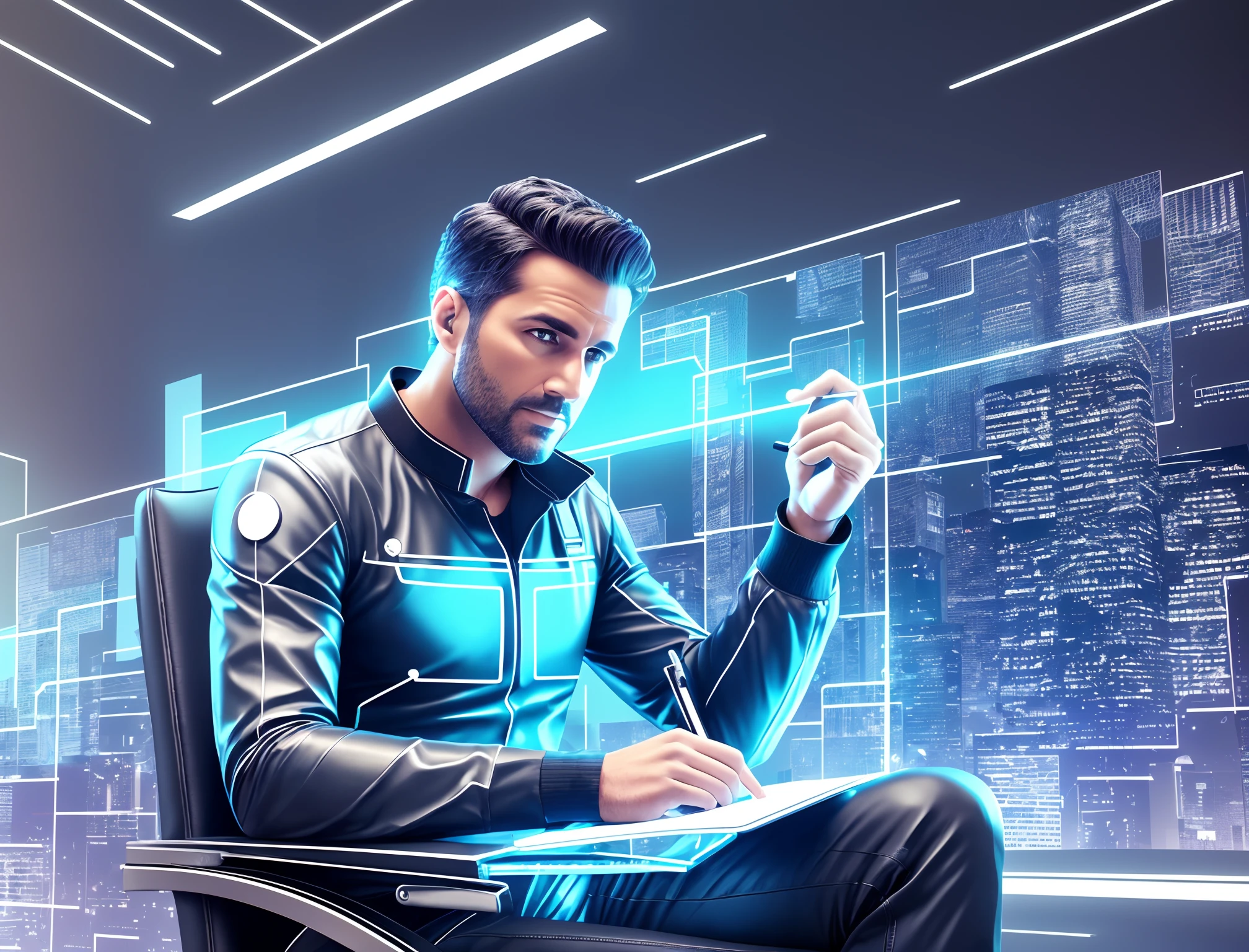 Create a realistic 4K image of a 34-year-old male with a futuristic style. He's sitting in a chair, writing on a transparent screen that shows marketing and social media icons. The scene should show you from the side, in a futuristic setting with stunning visuals. --auto --s2