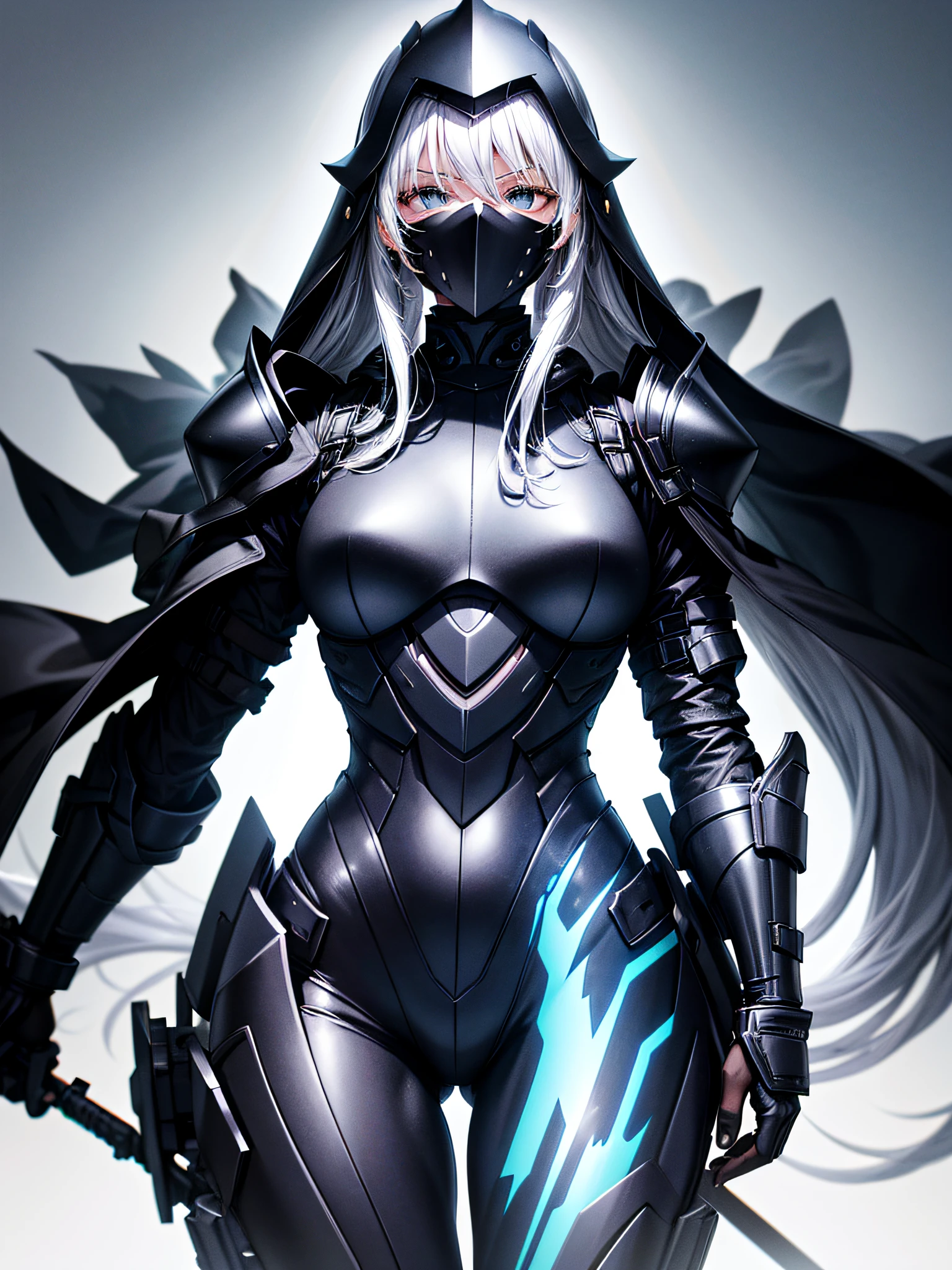 8K UHD、Silver-haired and small-nosed beauty in a black shiny black full-body rider suit wearing a black full-face helmet that covers the entire head is standing with her legs open facing the front、Wearing full black metallic armor、Upper Body Up
