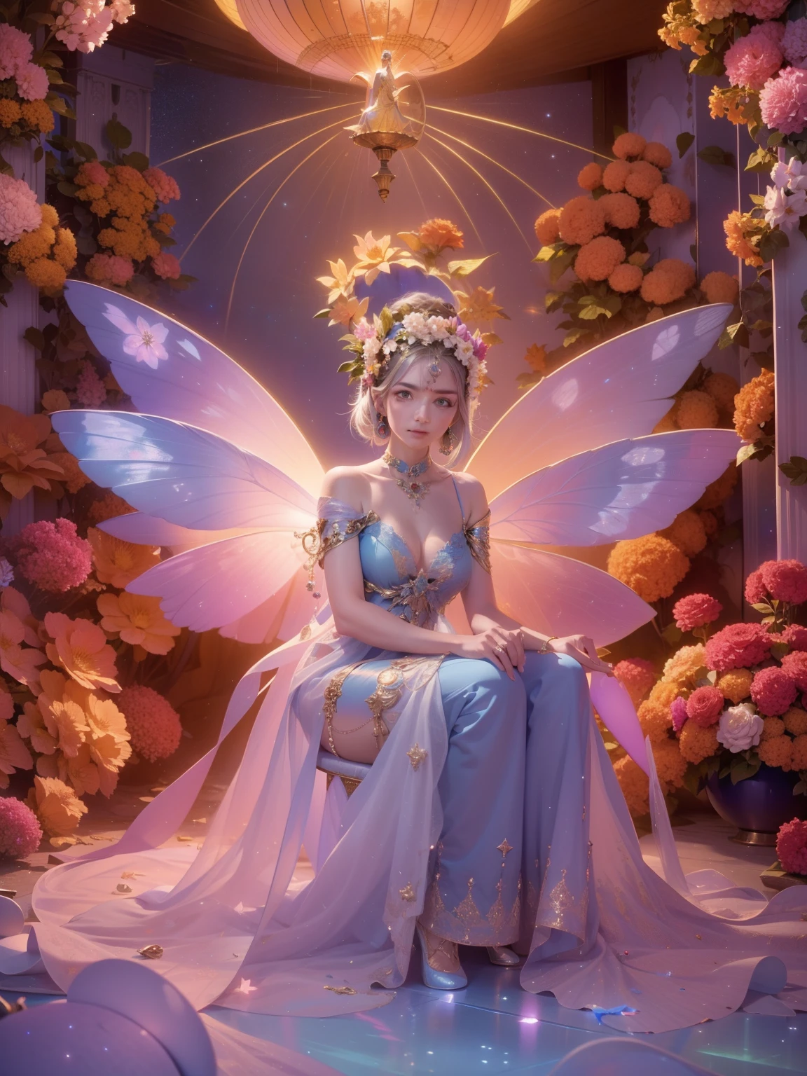 color photo of a mysterious  flower fairy with transparent colorful wings, sitting in a divine light, with neon lights,  holding a magic wand，axial symmetry, and a magnificent background.silver dress, high heels, flower crown, starry sky background, serene and enigmatic expression, Nikon Z7 II camera, Fujifilm Velvia 50 film, 50mm lens, high saturation, Tim Walker, David LaChapelle, Sofia Coppola, Valentino, Alexander McQueen