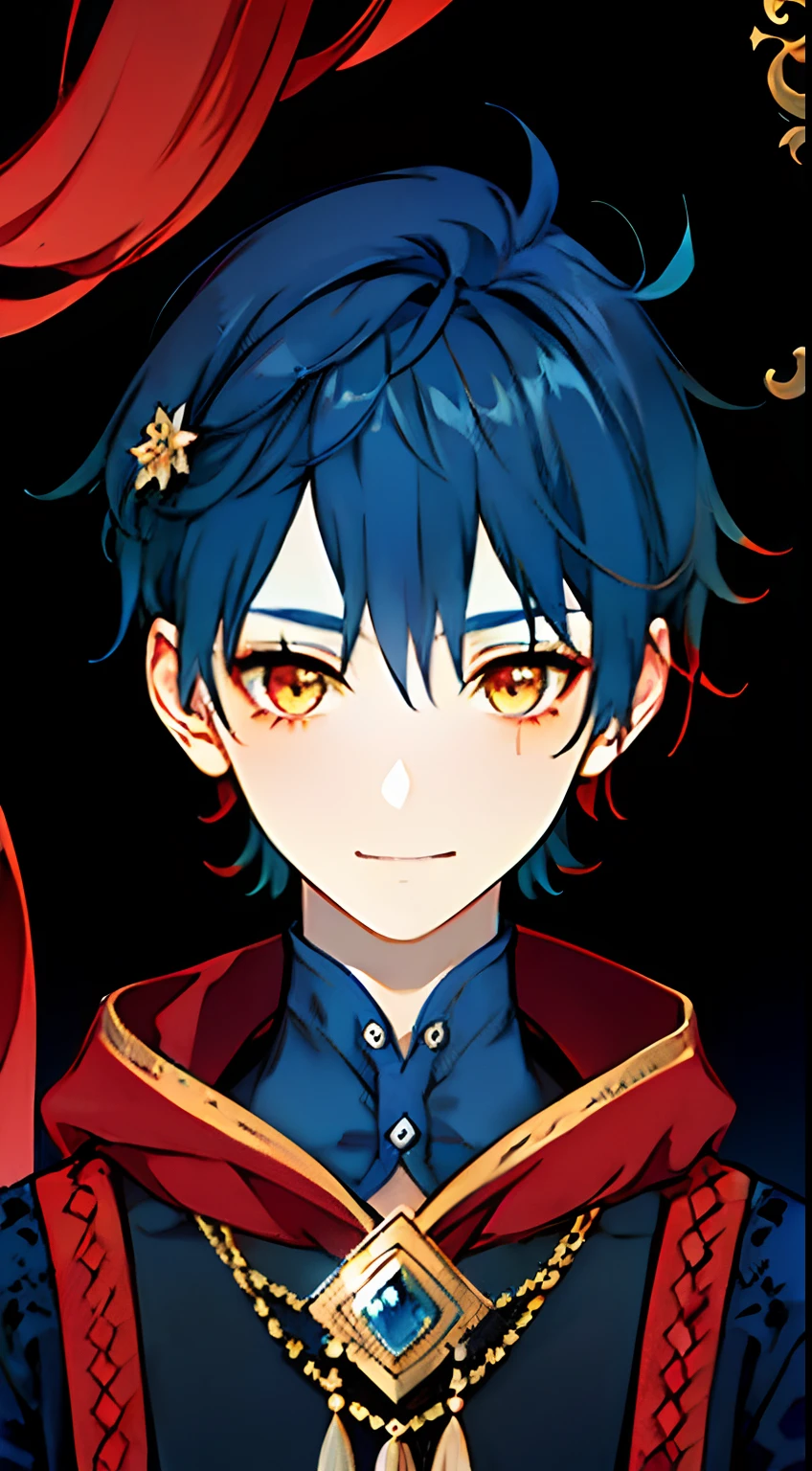 GenshinAvatar, (a boy with dark blue hair and dark red eyes:1.4), highly_detailed, illustration, portrait, (((masterpiece))),(((bestquality))), (black_background:1.4), simple_background,