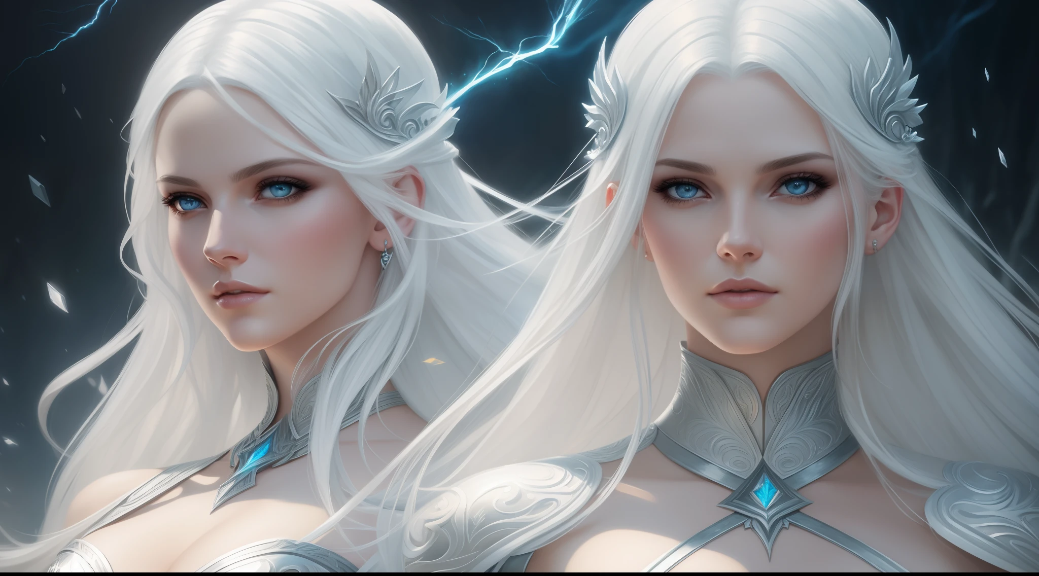 portrait of sexy ice witch, white hair, white eyes, frost spells, small pingouin, small penguin, arctic, ice, snow, (cleavage:1.2), half body, epic (photo, studio lighting, hard light, sony a7, 50 mm, matte skin, pores, colors, hyperdetailed, hyperrealistic)