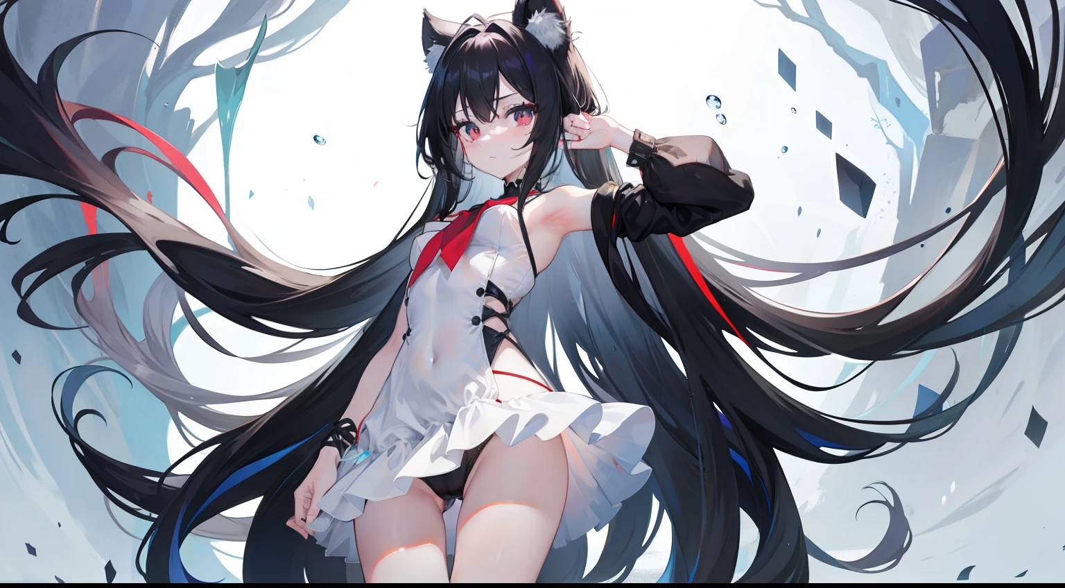 Anime girl wearing black dress,tmasterpiece，Fine beautiful eyes，，exposed bare shoulders，Be red in the face，Shy eyes，Extra-long, Flowing hair，White and hairy，ultra color，and wear no underwear，exposing her chest，with no underpants，，Water droplets on the crotch，Hair ruffling，upper legs，the feet，are standing，in a panoramic view