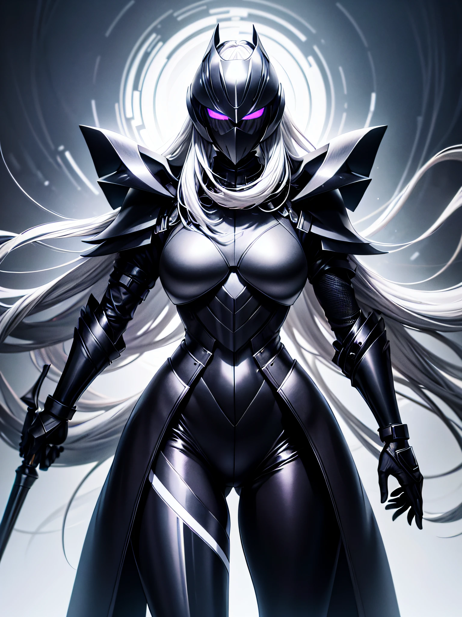 8K UHD、Silver-haired and small-nosed beauty in a black shiny black full-body rider suit wearing a black full-face helmet that covers the entire head is standing with her legs open facing the front、Wearing full black metallic armor、Upper Body Up