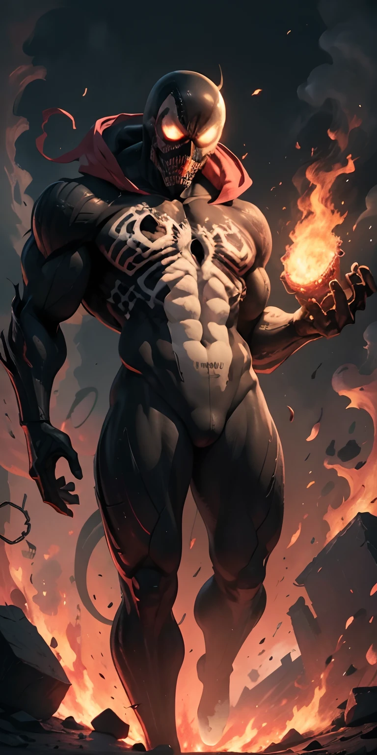 Ultra resolution 8K, the highest possible quality,Stunning illustration, Comic book masterpiece,The fusion of Ghost Rider with the Venom symbiote , The fusion of Venom and Ghost Rider is a dark being with skin blackened by the symbiote., with a burning skull topped by the symbiote for its head. (Cadenas ardientes serpentean alrededor de su forma: 1.7), dispuesto a castigar a los culpables. Un aura de oscuridad y fuego lo rodea constantemente, Encarnando la justicia implacable.