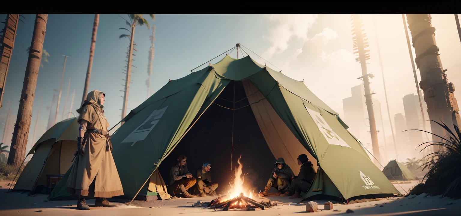 a group of survivors, huddled around a fire in a makeshift camp in the jungle. Their faces show determination and defiance, dystopian world, cinematic beeple, bipe. octan render, beep rendering, estilo cyberpunk hiper-realista, dystopian scifi apocalypse, 3d render bipe, digital concept art of dystopian, arstation e bipe altamente, beeple global illumination