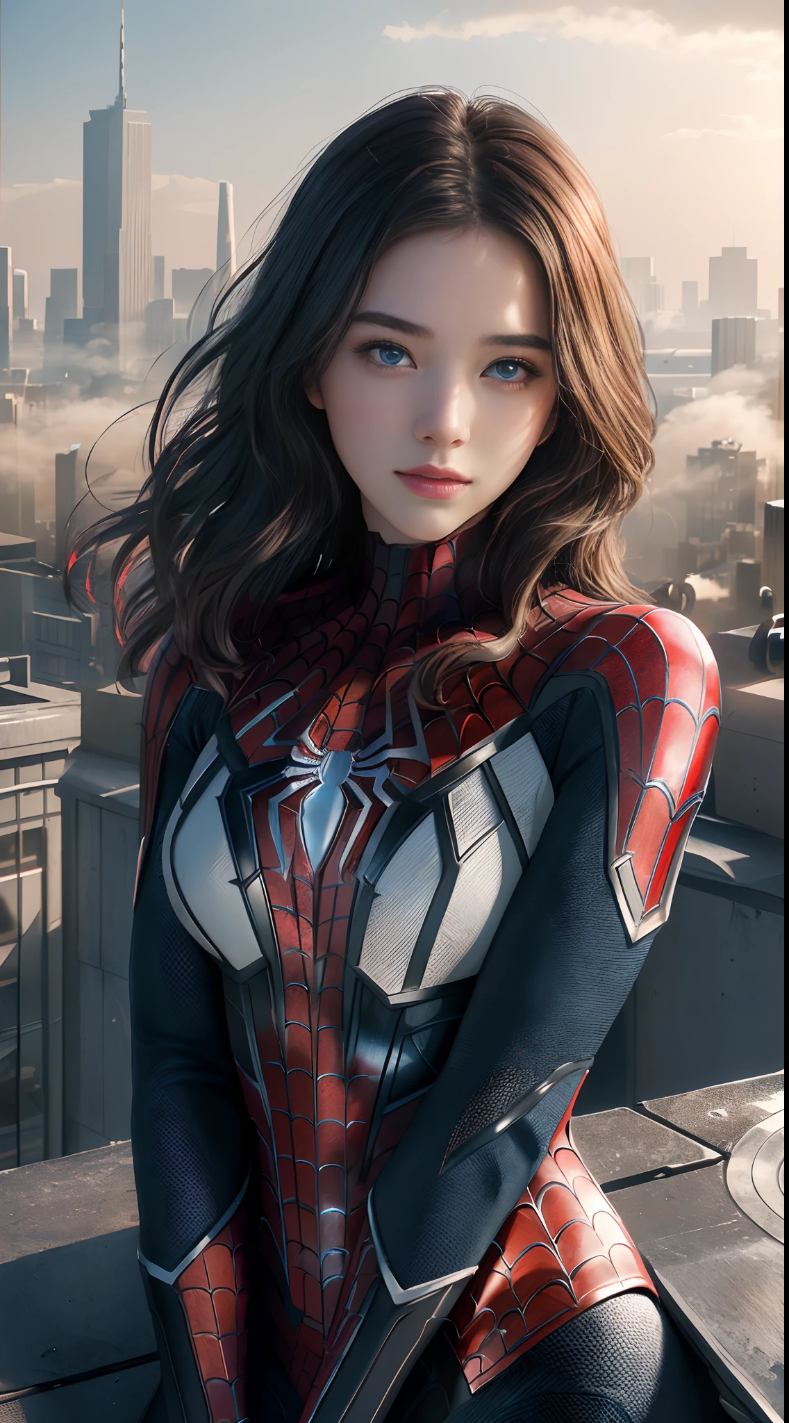 (1girl:1.3), Solo, (((Very detailed face)))), ((Very detailed eyes and face)))), Beautiful detail eyes, Body parts__, Official art, Unified 8k wallpaper, Super detailed, beautiful and beautiful, beautiful, masterpiece, best quality, original, masterpiece, super fine photo, best quality, super high resolution, realistic realism, sunlight, full body portrait, amazing beauty, dynamic pose, delicate face, vibrant eyes, (from the front), She wears Spider-Man suit, red and black color scheme, spider, very detailed city roof background, rooftop, overlooking the city, detailed face, detailed complex busy background, messy, gorgeous, milky white, highly detailed skin, realistic skin details, visible pores, clear focus, volumetric fog, 8k uhd, DSLR, high quality, film grain, fair skin, photo realism, lomography, futuristic dystopian megalopolis, translucent