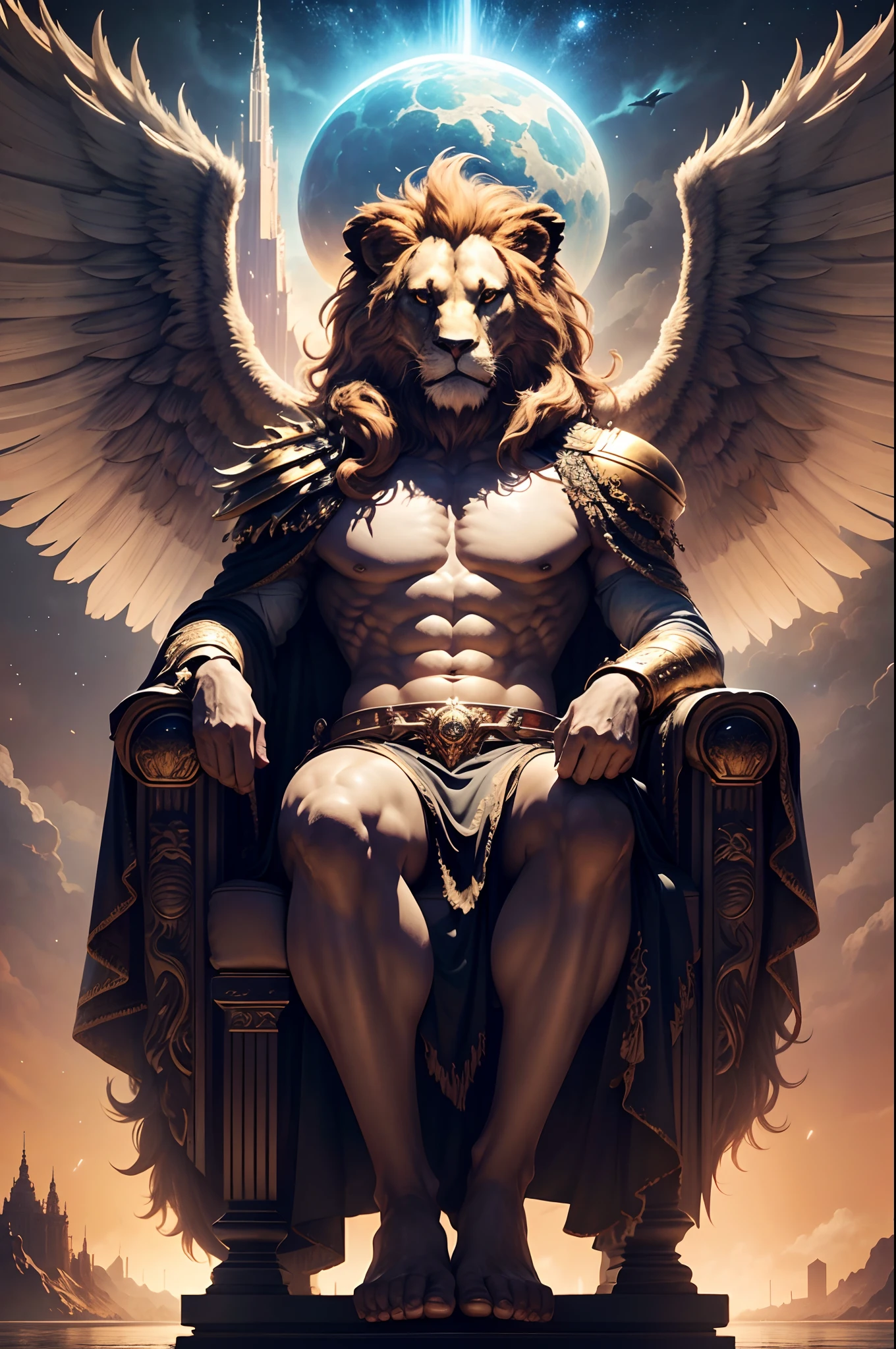 3D render, male, solo, lion, full body, beefy, Muscle, Delicate face, Delicate eyes, realistic, masterpiece, highest quality, unreal engine, trending on ArtStation, Intricate, Ultra High Detail, dramatic, realism, realistic, sitting, bara, muscle, furry, day, bed, looking_at_viewer, ultra detailed eyes, ultra detailed body, ultra detailed face, bright room, expressive, masculine, devilish smirk) white fur, white body, gold eyes, white feathered wings, 8k HD, hdr, masterpiece, horns, white mane