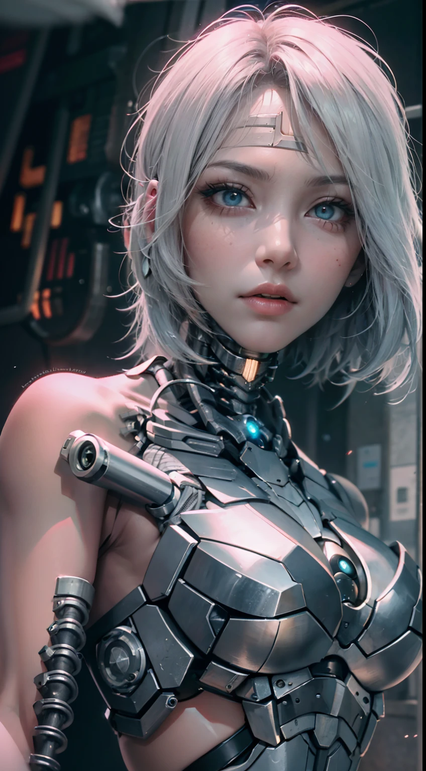 The text seems to describe a futuristic, cyberpunk-style scene. In this scene, there is a high-definition (HD) close-up of the face, with compact facial features and a deep background. The characters have color spray paint and tattoos on their bodies, and their faces are beautiful. The face is depicted in color and the eyes are white. From a deep perspective, the scene features male and female characters, as well as a sophisticated robot.