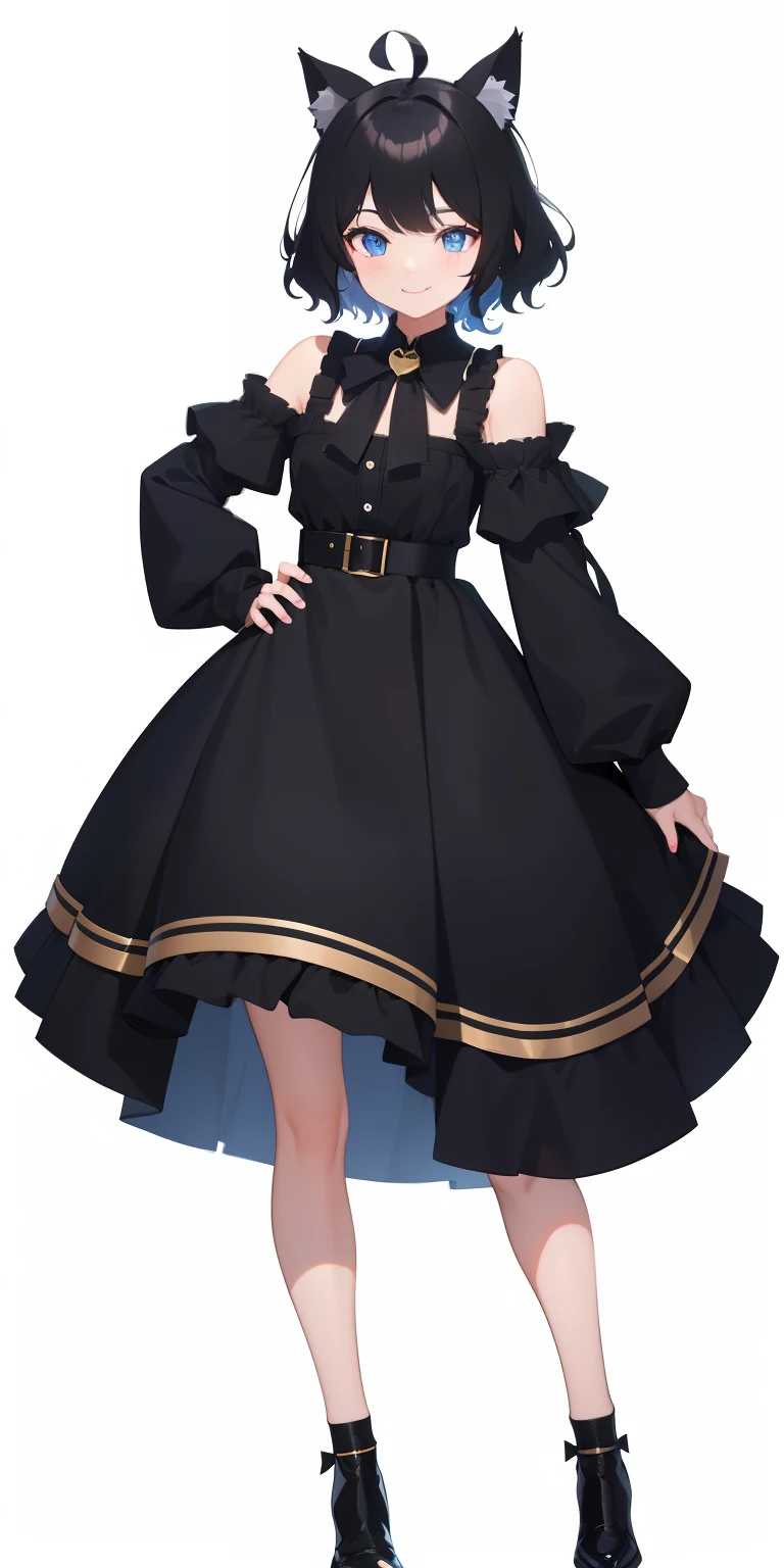 girl with、((Best Quality, high_resolution, Distinct_image)),(Black hair), (Black cat ears), (Ahoge), (absurdly short hair), (Wavy Hair), (Blue eyes),、a smile、mideum breasts、Heart pupil、、Background Simple、fullbody、dynamicpose