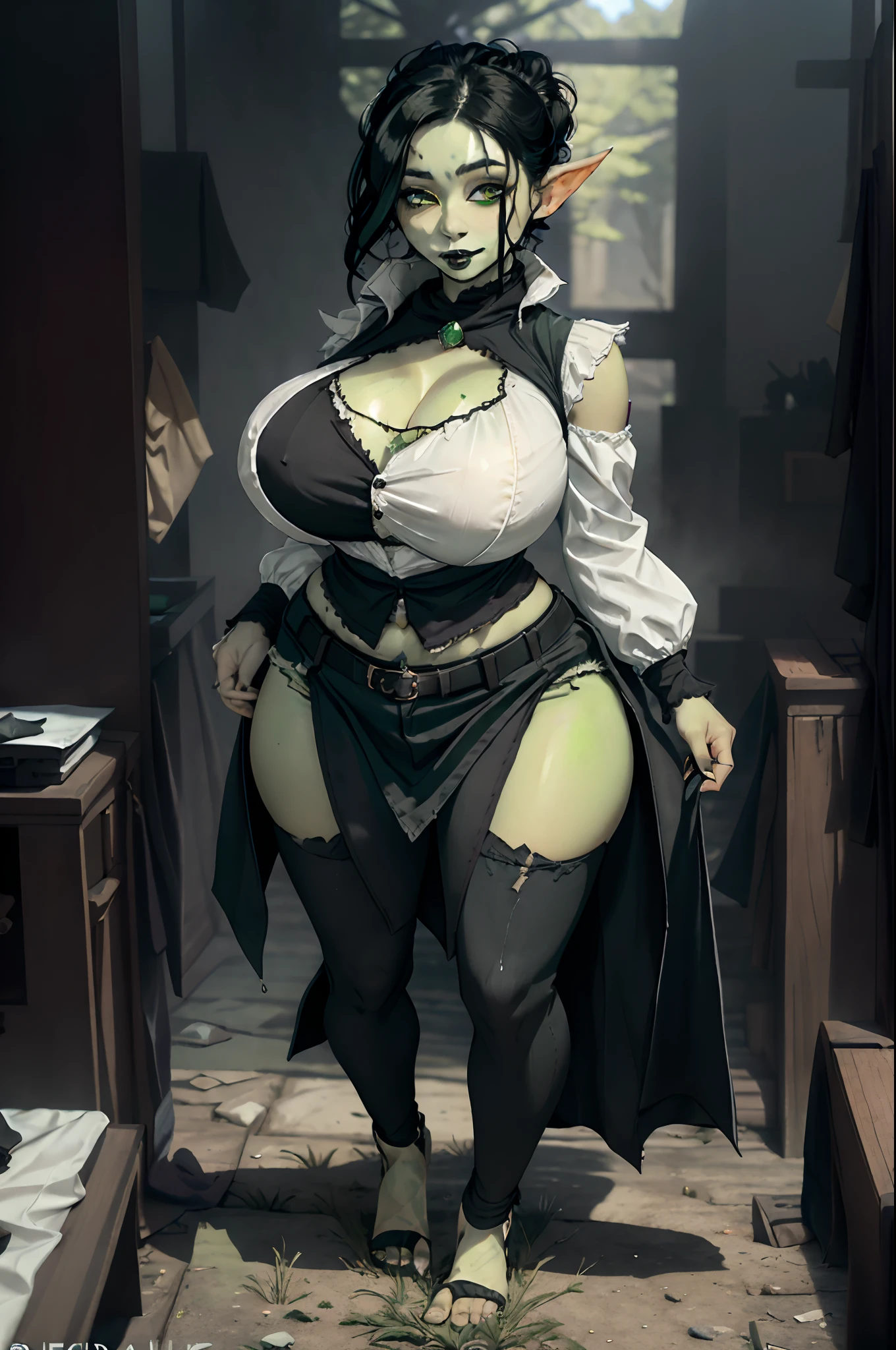 Gobboslut, extremely detailed, (Art Jeremy Lipking), standing, (large breast), (wide hips), surprised look on face, mouth open, woman, , white blouse, ,, big ass, green eyes, black hair, black lipstick, , eyeshadow, skirt, ,full body, holding (knife), closed vest, closed pullover, smile,, flipflops, pants closed, walking ,forest, cloak, , fantasy , rogue class,scarf, full body, walking feet