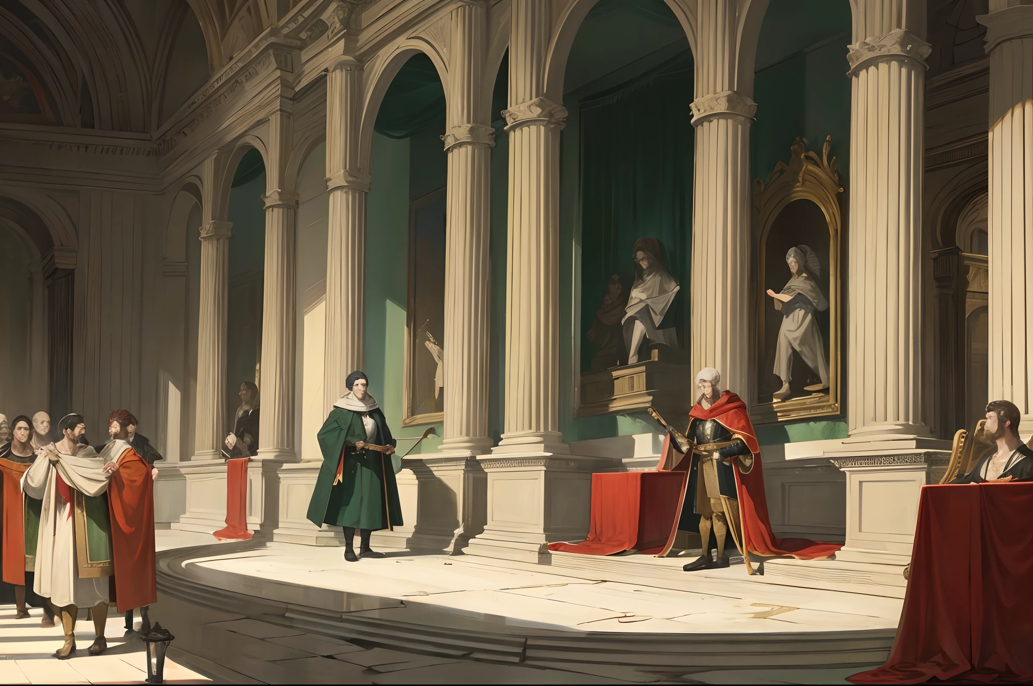 Illustrate the tense moment when Pythias stands before the tyrant Dionysius,defending his beliefs and principles. The grand throne room adds an air of intimidation to the scene.